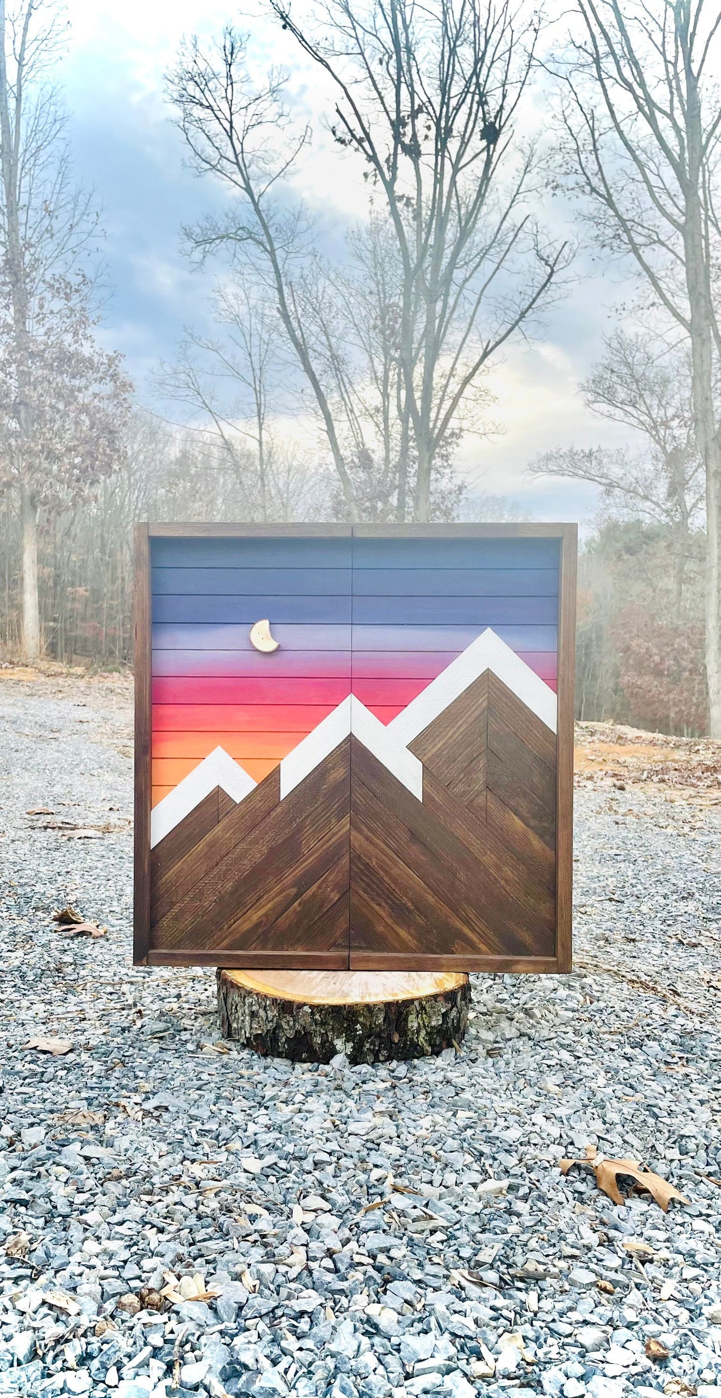 Rustic Dartboard Cabinet - Rustic Mountain Moonrise Art 24”x24” - Rustic Cabinet - Game Room / Man Cave Art - Wall Decor - Cabinet