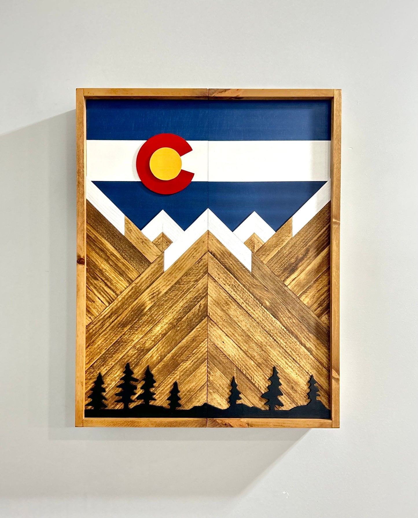 Electronic Dartboard Cabinet - Colorado Flag w/ Mountains & trees- Rustic Cabinet - 33” x 26” - Game Room / Man Cave Art - Flag Decor