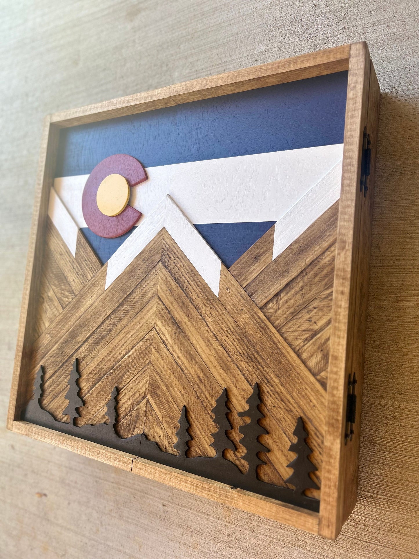 Rustic Dartboard Cabinet - Rustic Colorado Flag w/ trees Mountain Art 24”x24” - Rustic Cabinet - Game Room / Man Cave Art - Wall Decor