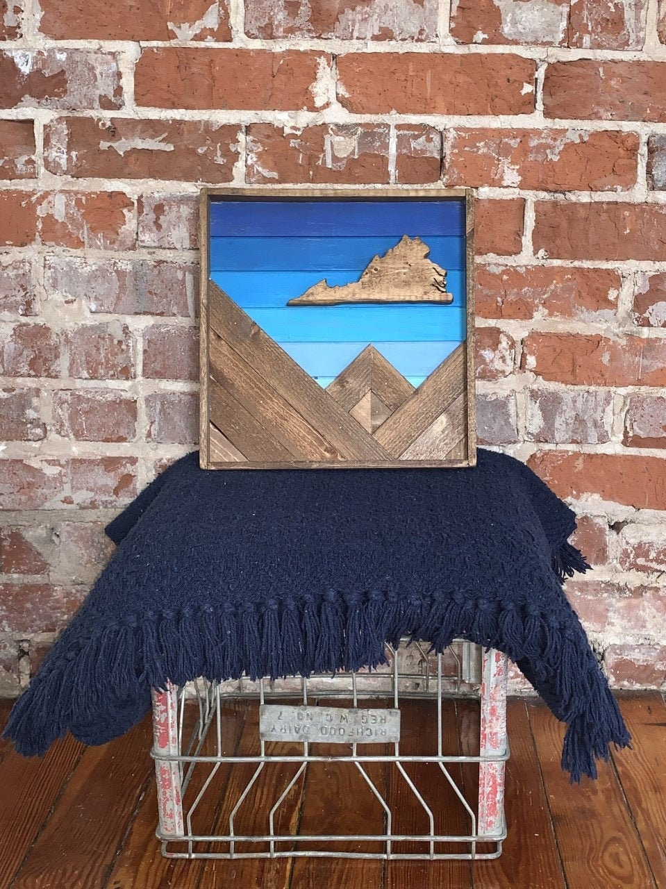 Blue Shade Background w/ State - Rustic Mountain Wood Wall Art - 10"x10"- Wall Decor