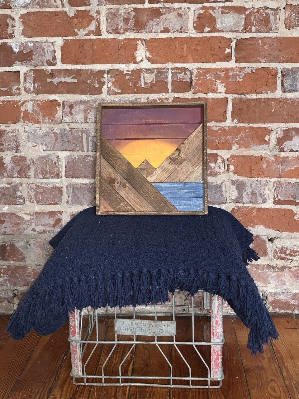 Orange/Maroon Sky Sunrise/Sunset - Rustic Mountain Wood Wall Art with Water- 10"x10"- Wall Decor