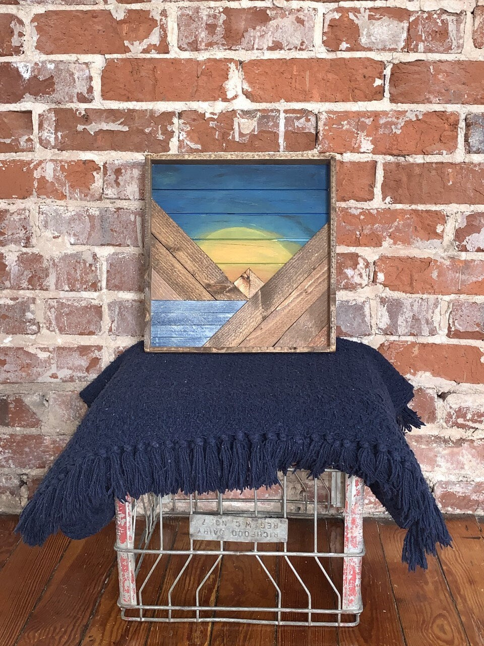 Blue Sky Sunrise/Sunset - Rustic Mountain Wood Wall Art with Water- 10"x10"- Wall Decor