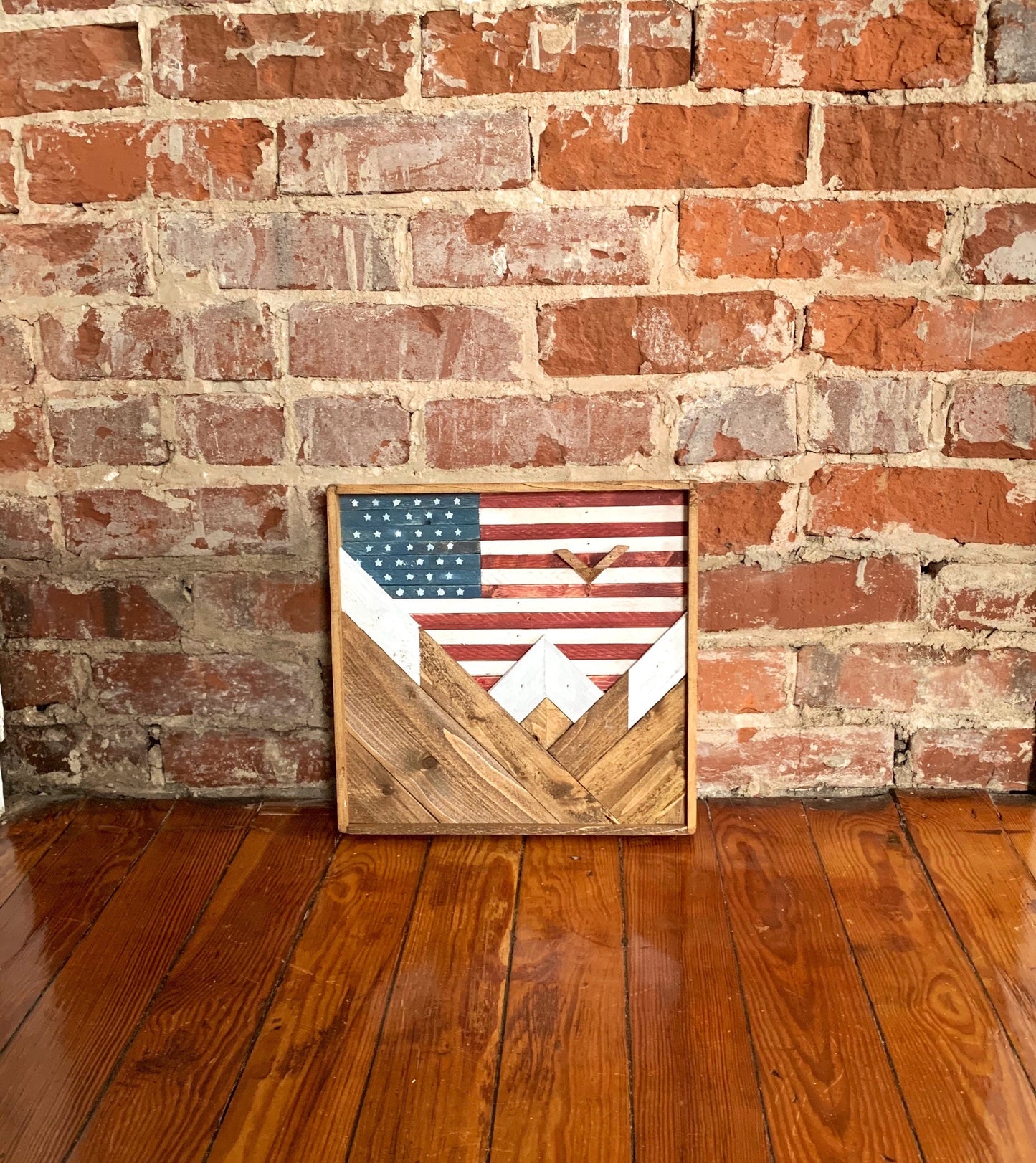 American Flag - Rustic Mountain Wood Wall Art - 12”x12"- Wall Decor