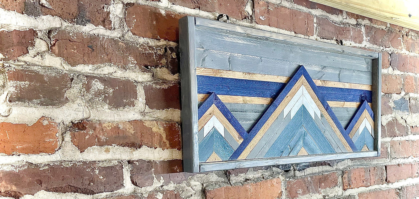 Rustic Wood Art- Wall Decor- Navy Mountain Scheme- 12" X 24" - Rustic Mountain Tops - Mountain Wood wall art - Handmade Wood Wall Art