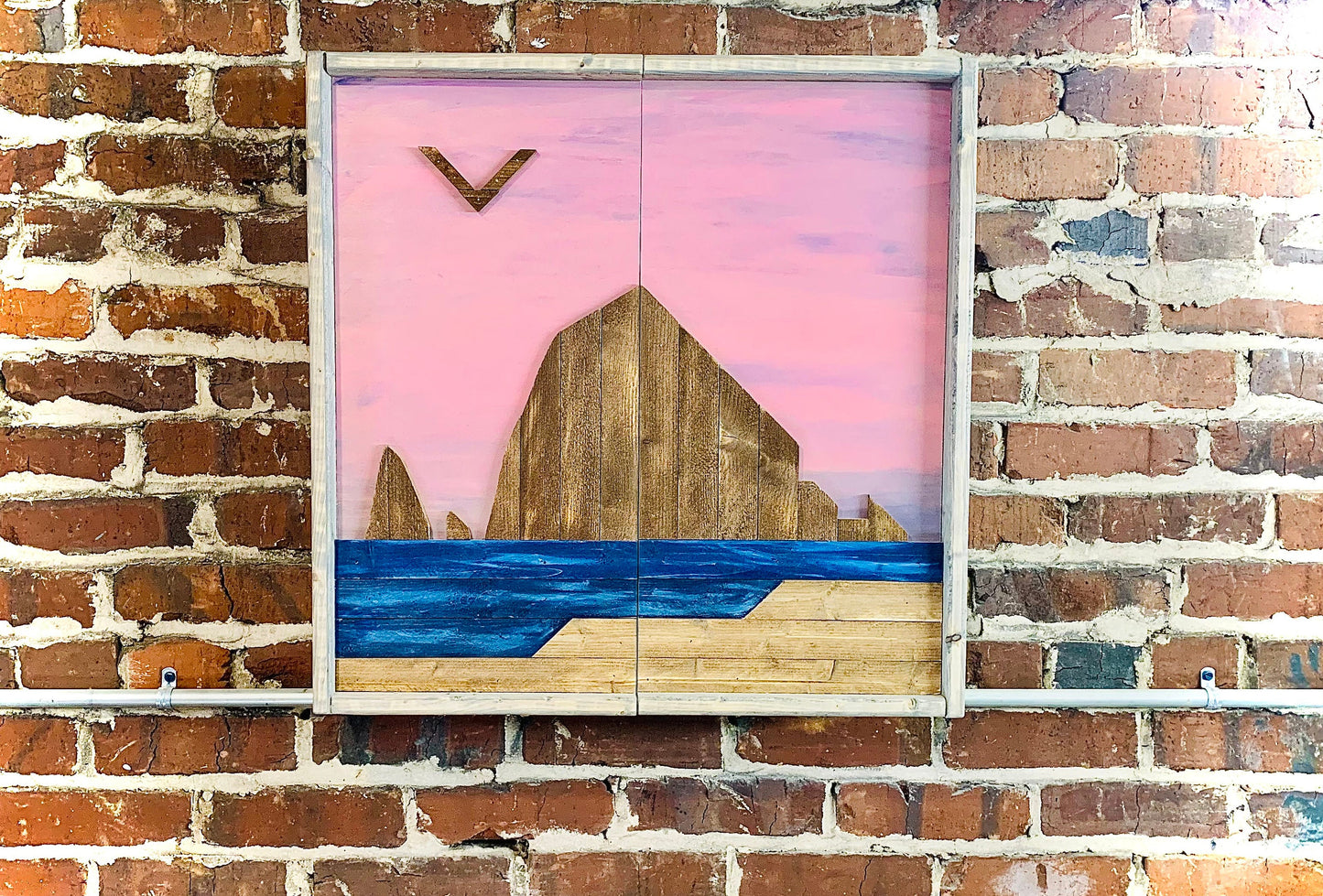 Rustic Dartboard Cabinet 24”x24” - Oregon Scene -Haystack Rock Artwork- Front-Rustic Cabinet - Gameroom Art - Wall Decor