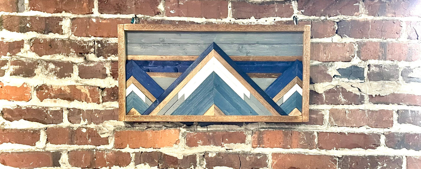 Rustic Wood Art- Wall Decor- Navy Mountain Scheme- 12" X 24" - Rustic Mountain Tops - Mountain Wood wall art - Handmade Wood Wall Art