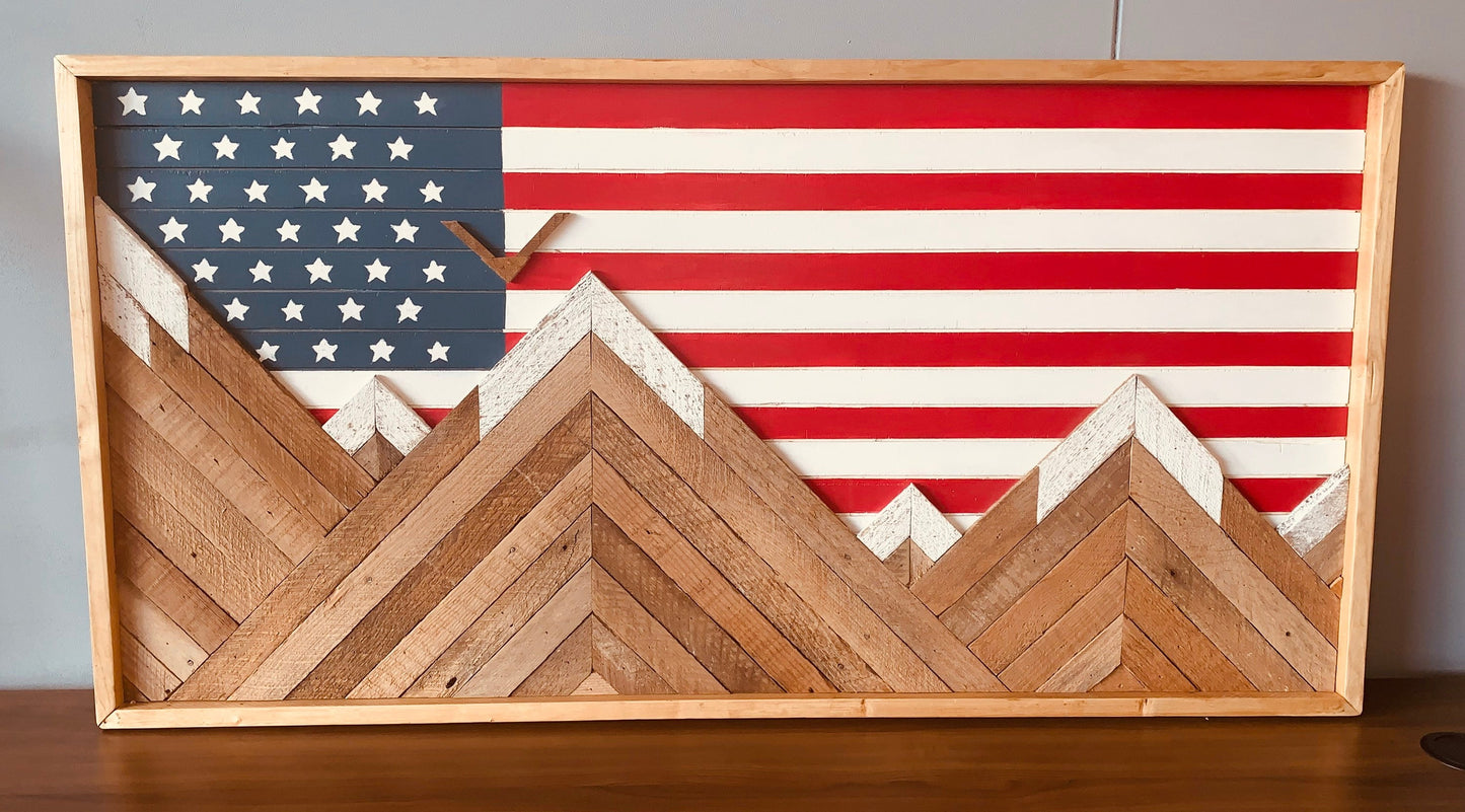 Rustic American Flag Mountain Wood Wall Art - Wall Decor - Rustic Flag Decor- Rustic Wall Art