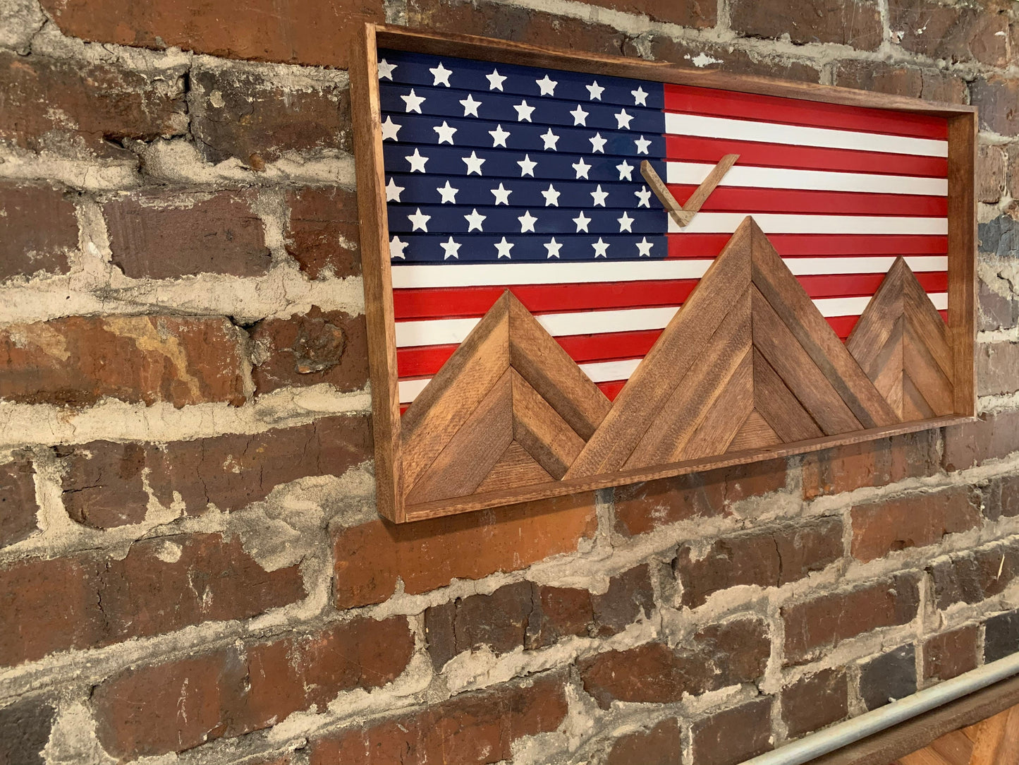 Rustic American Flag Mountain Wood Wall Art - Wall Decor - Rustic Flag Decor- Rustic Wall Art