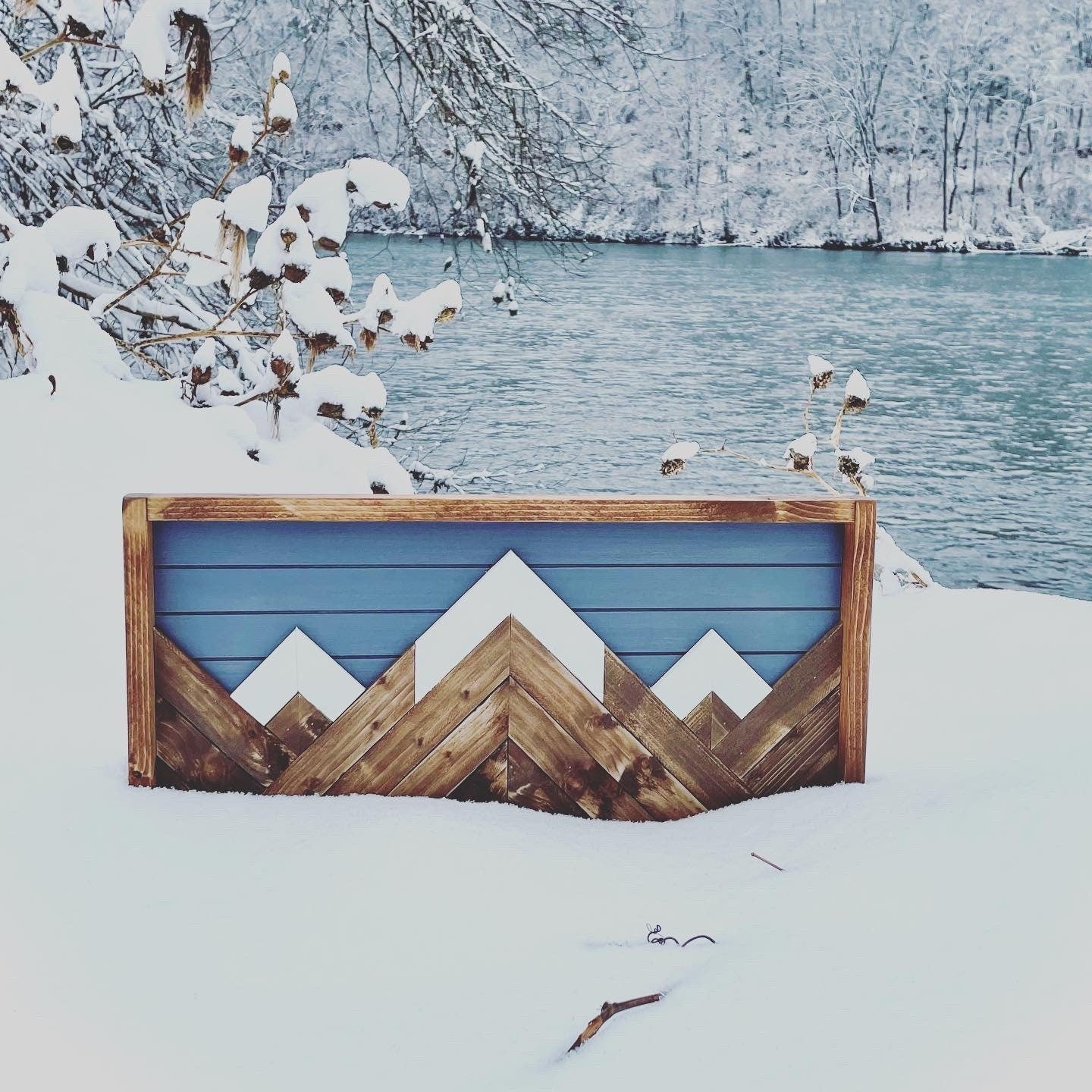 Rustic Wood Art- Wall Decor- Gray Background - 12" X 24" - Rustic Mountain Tops - Mountain Wood wall art - Handmade Wood Wall Art