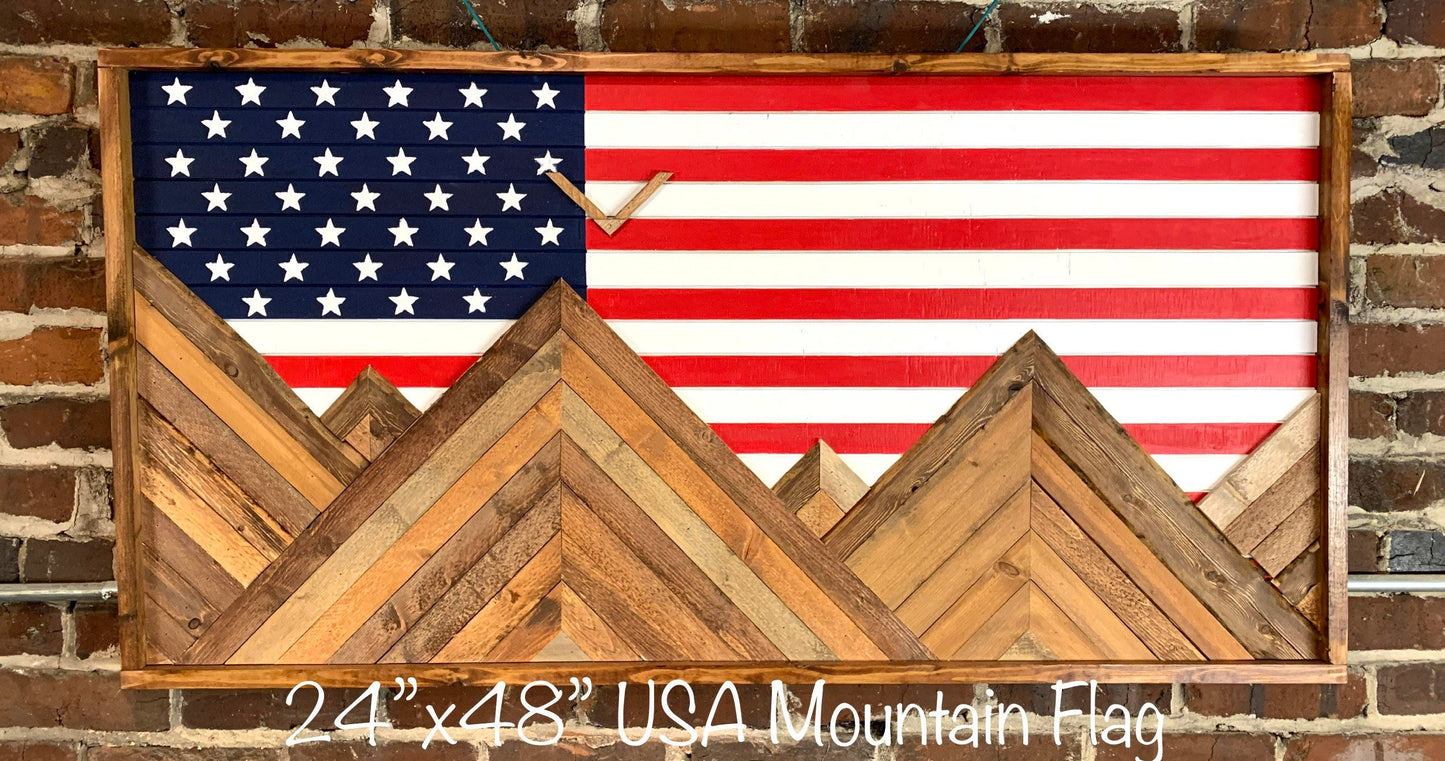 Rustic American Flag Mountain Wood Wall Art - Wall Decor - Rustic Flag Decor- Rustic Wall Art