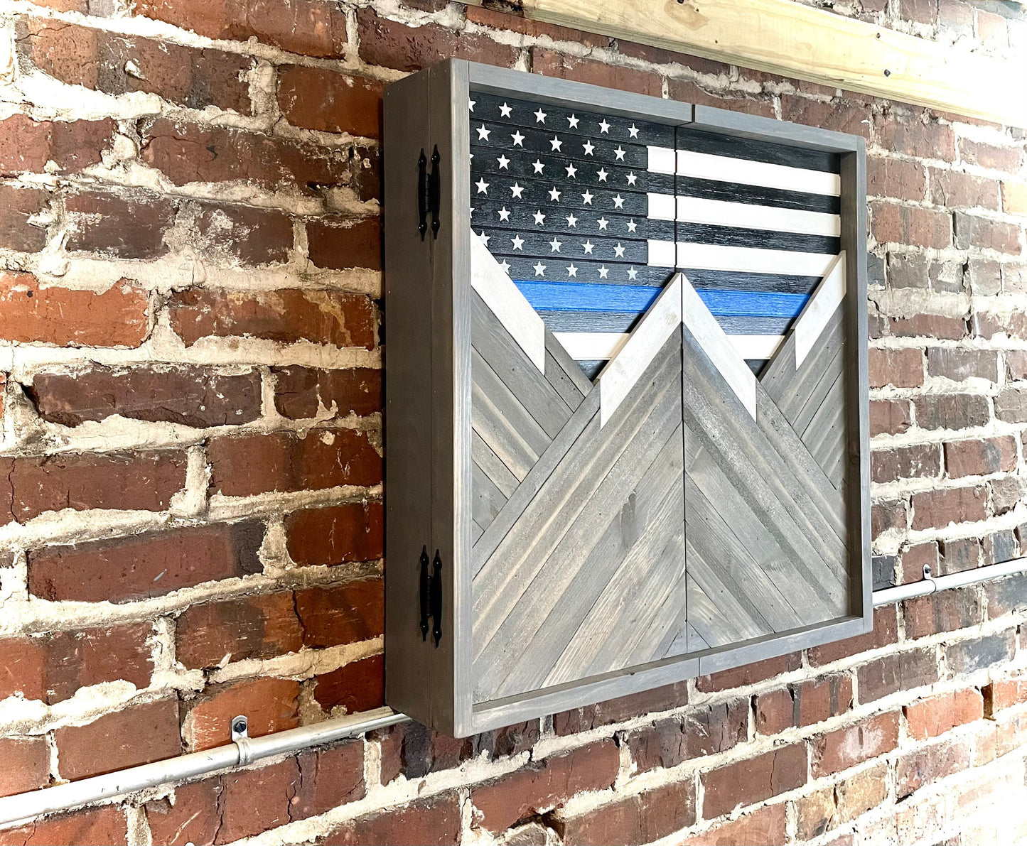 Rustic Dartboard Cabinet - Rustic Thin Blue Line - Rustic Cabinet - 24”x24” - Game Room / Man Cave Art - Wall Decor