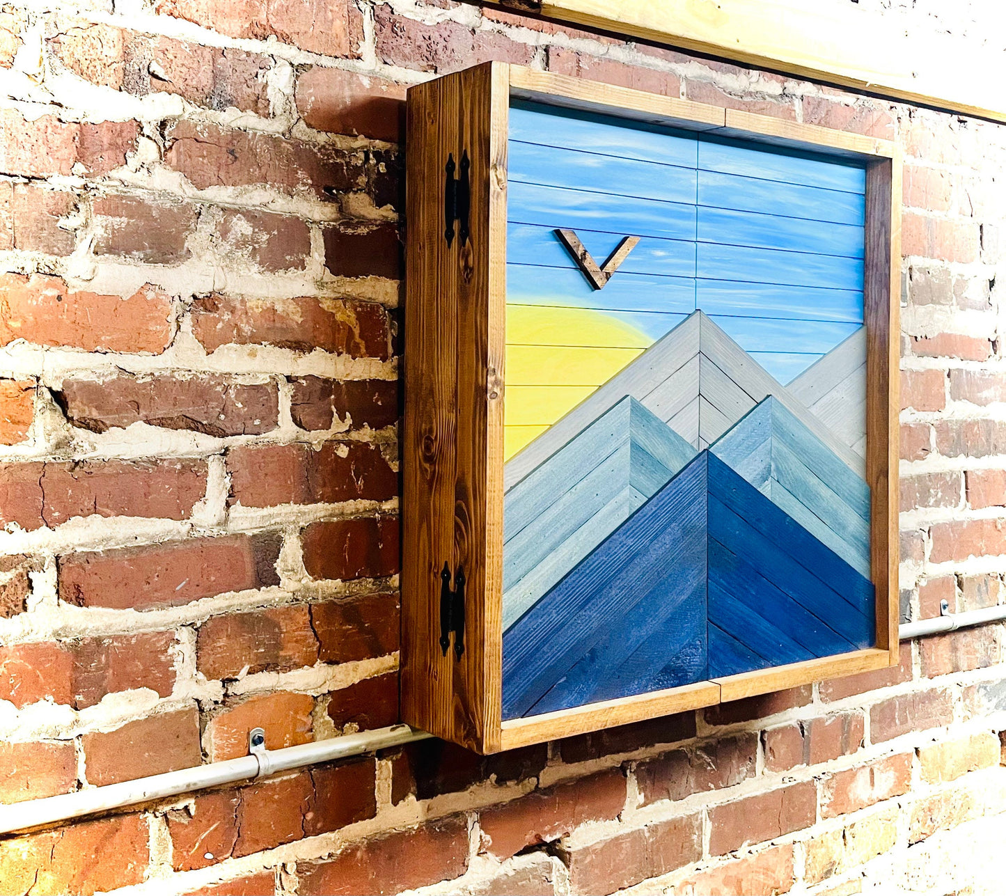 Rustic Dartboard Cabinet - Layered Mountain Sunset - Rustic Cabinet - 24”x24” - Game Room / Man Cave Art - Wall Decor