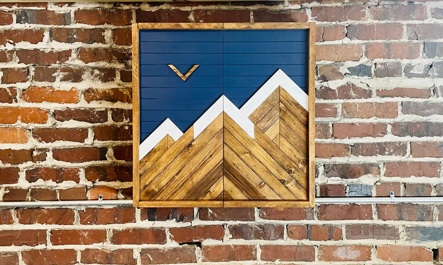 Rustic Mountain Cabinet 24”x 24” Navy Mountain Art - Bathroom Art - Medicine Cabinet- Liquor Cabinet - Rustic Cabinet