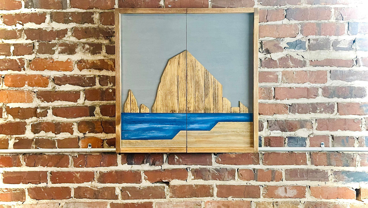 Rustic Dartboard Cabinet 24”x24” - Oregon Scene -Haystack Rock Artwork- Front-Rustic Cabinet - Gameroom Art - Wall Decor