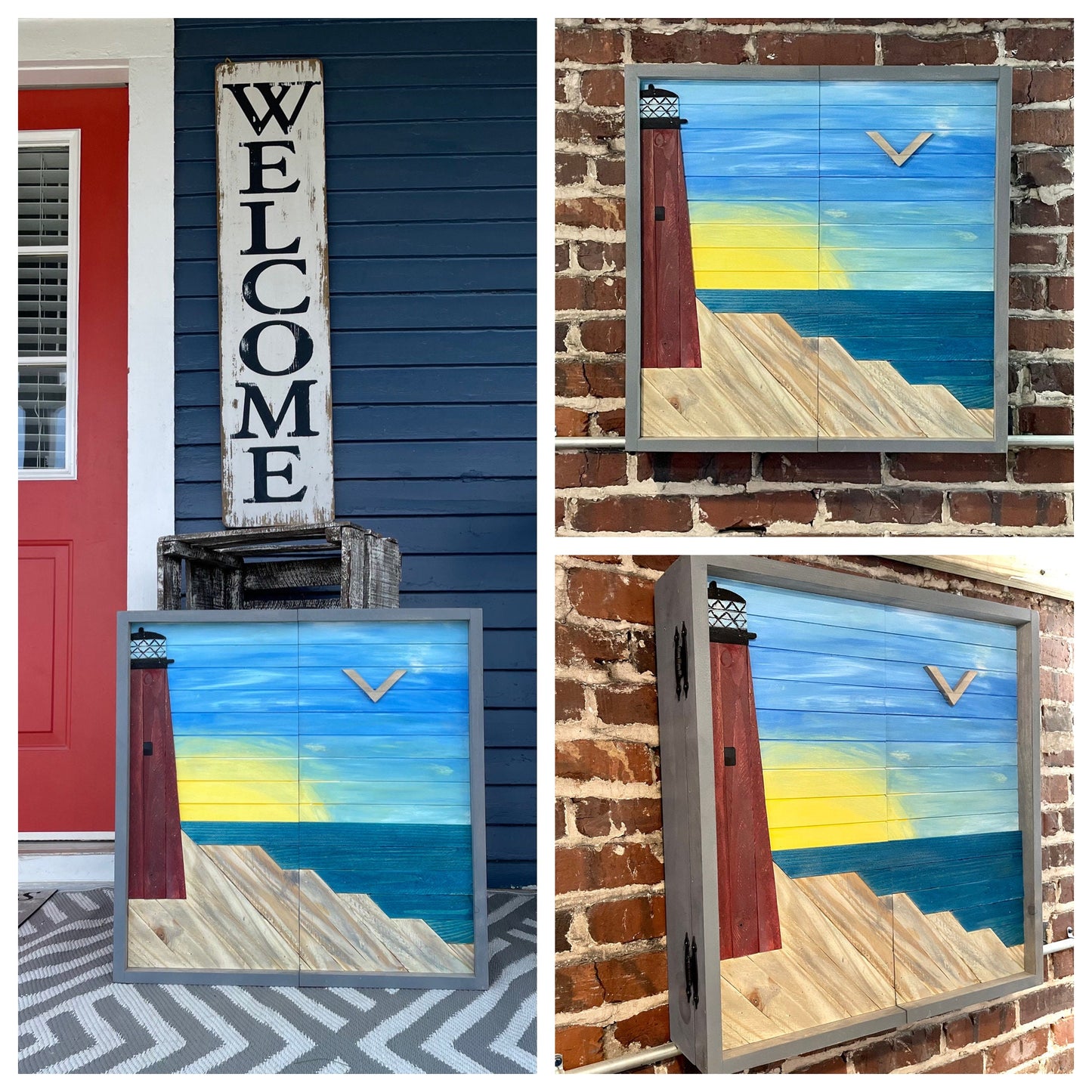 Rustic Dartboard Cabinet 24”x24” - Rustic Lighthouse Front - Rustic Cabinet - Gameroom Art - Wall Decor- Ponce Inlet Lighthouse