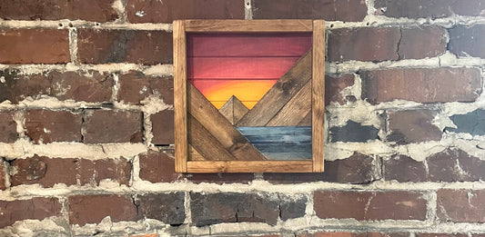 Orange/Maroon Sky Sunrise/Sunset - Rustic Mountain Wood Wall Art with Water- 10"x10"- Wall Decor