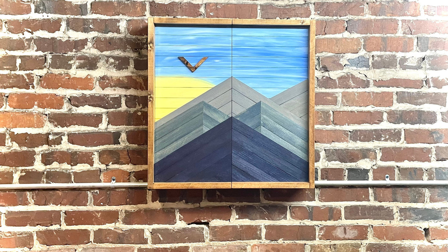 Rustic Dartboard Cabinet - Layered Mountain Sunset - Rustic Cabinet - 24”x24” - Game Room / Man Cave Art - Wall Decor