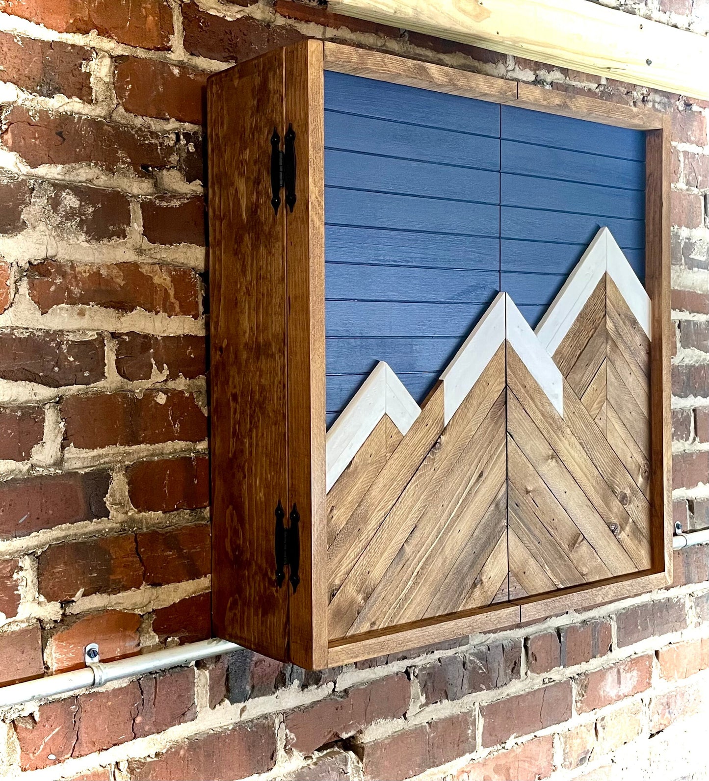 Rustic Mountain Cabinet 24”x 24” Navy Mountain Art - Bathroom Art - Medicine Cabinet- Liquor Cabinet - Rustic Cabinet