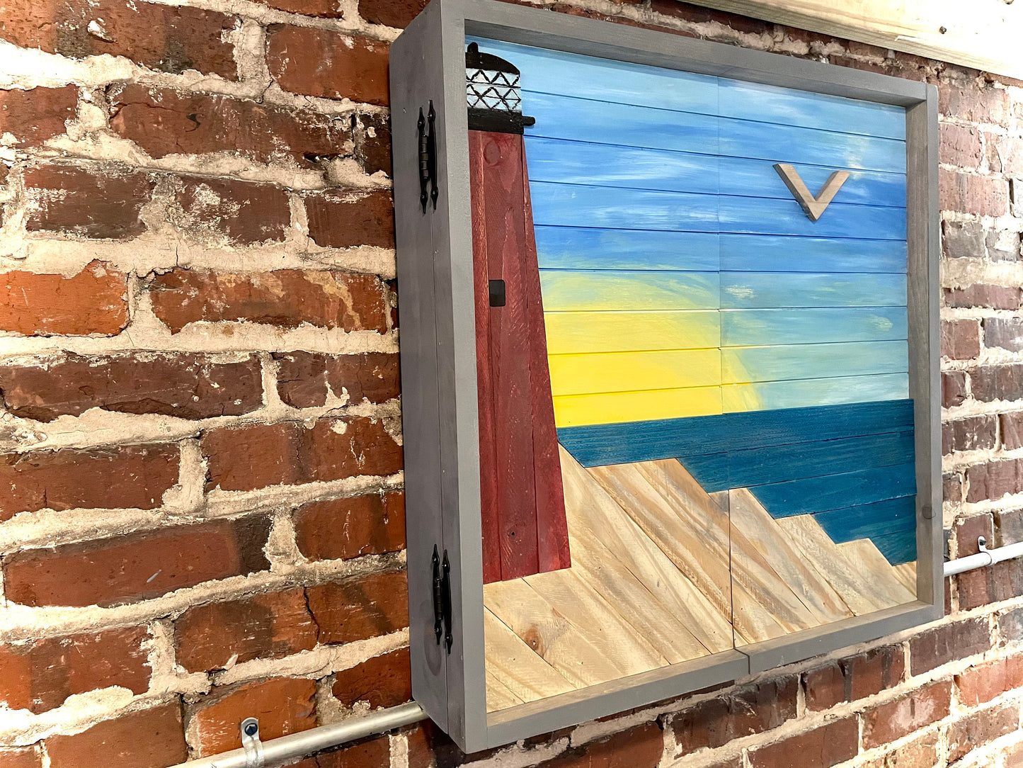 Rustic Dartboard Cabinet 24”x24” - Rustic Lighthouse Front - Rustic Cabinet - Gameroom Art - Wall Decor- Ponce Inlet Lighthouse