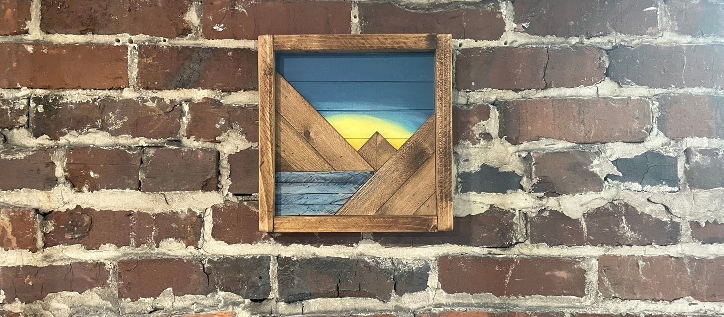 Blue Sky Sunrise/Sunset - Rustic Mountain Wood Wall Art with Water- 10"x10"- Wall Decor