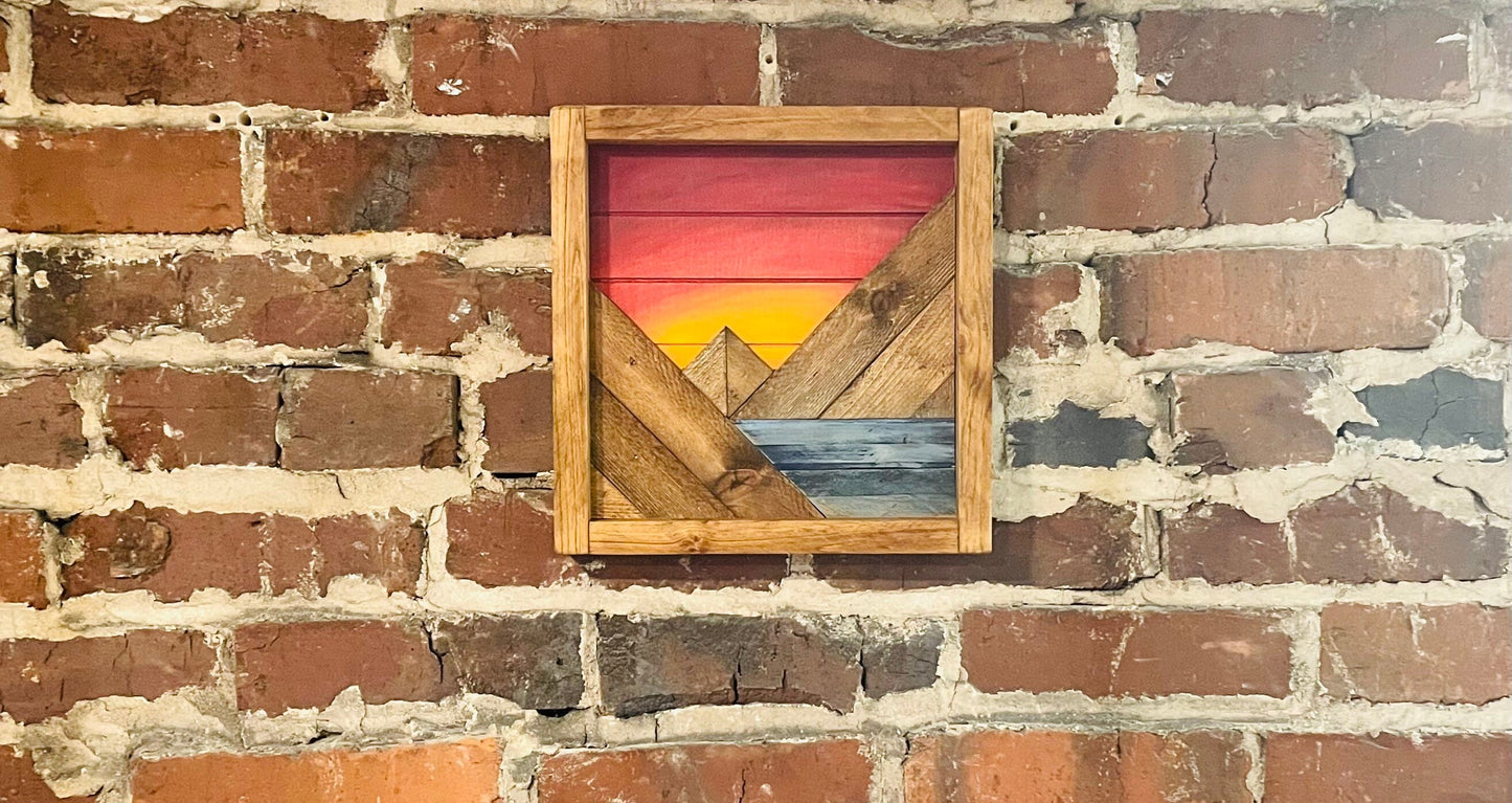 Orange/Maroon Sky Sunrise/Sunset - Rustic Mountain Wood Wall Art with Water- 10"x10"- Wall Decor