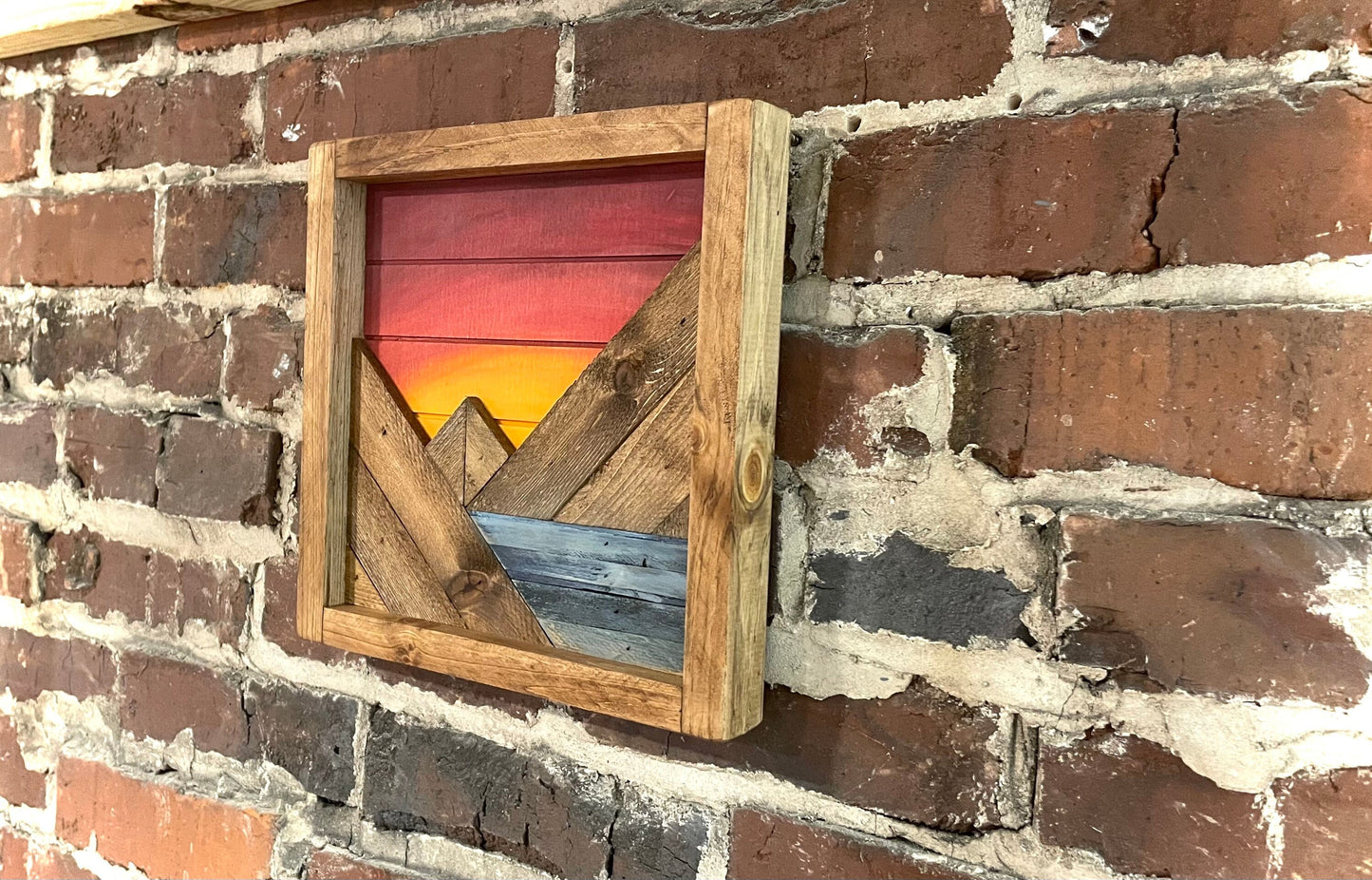 Orange/Maroon Sky Sunrise/Sunset - Rustic Mountain Wood Wall Art with Water- 10"x10"- Wall Decor