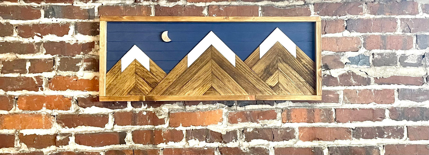 Rustic Navy Background w/ Moon - Rustic Mountain Wood Wall Art-Wall Decor- Night Sky Decor- Moon Decor- Wood Wall Art- Rustic Decor