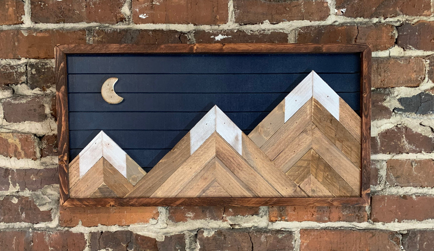 Rustic Navy Background w/ Moon - Rustic Mountain Wood Wall Art-Wall Decor- Night Sky Decor- Moon Decor- Wood Wall Art- Rustic Decor