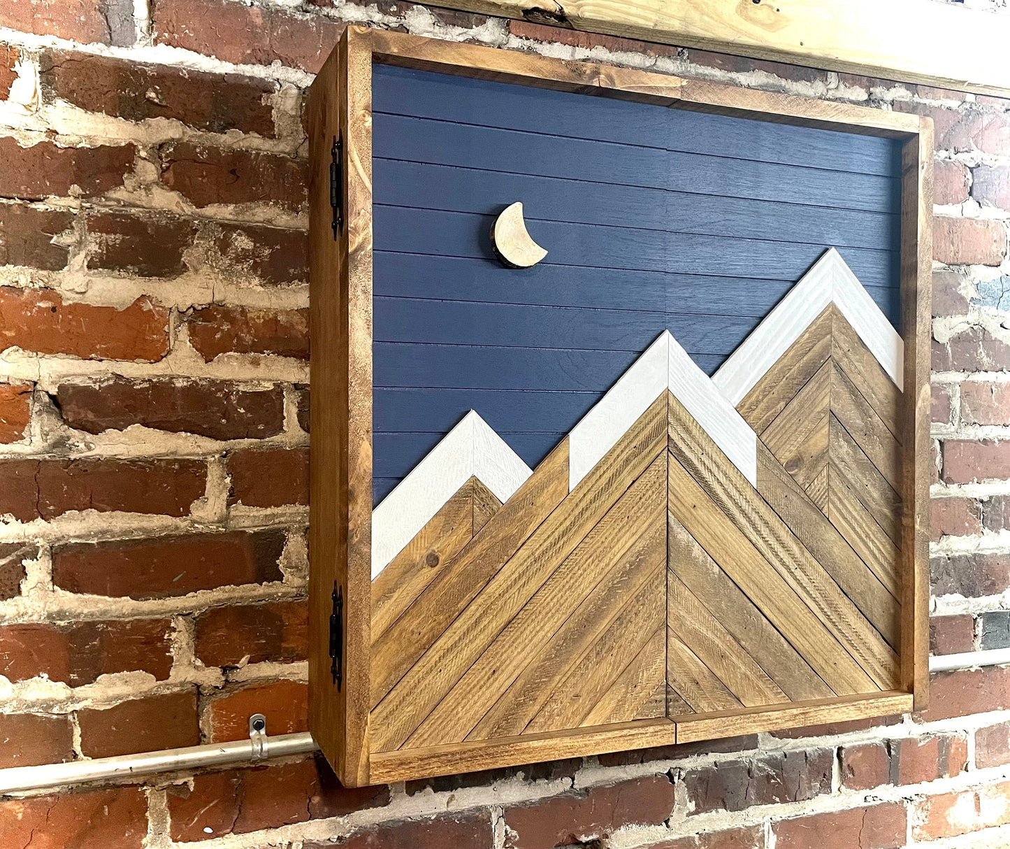 Rustic Dartboard Cabinet - Rustic Navy Moon Mountain Art 24”x24” - Rustic Cabinet - Game Room / Man Cave Art - Wall Decor - Cabinet