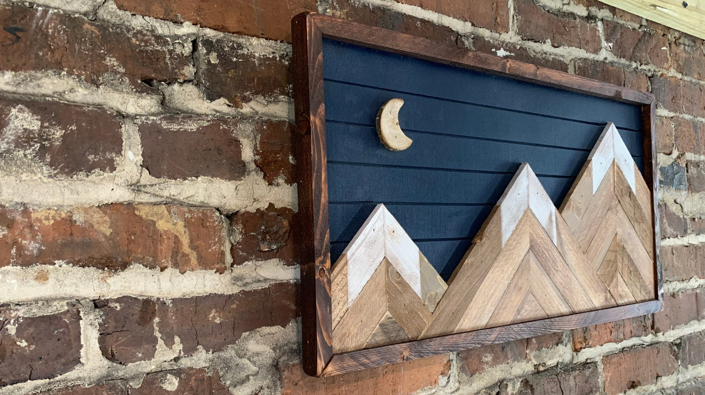 Rustic Navy Background w/ Moon - Rustic Mountain Wood Wall Art-Wall Decor- Night Sky Decor- Moon Decor- Wood Wall Art- Rustic Decor