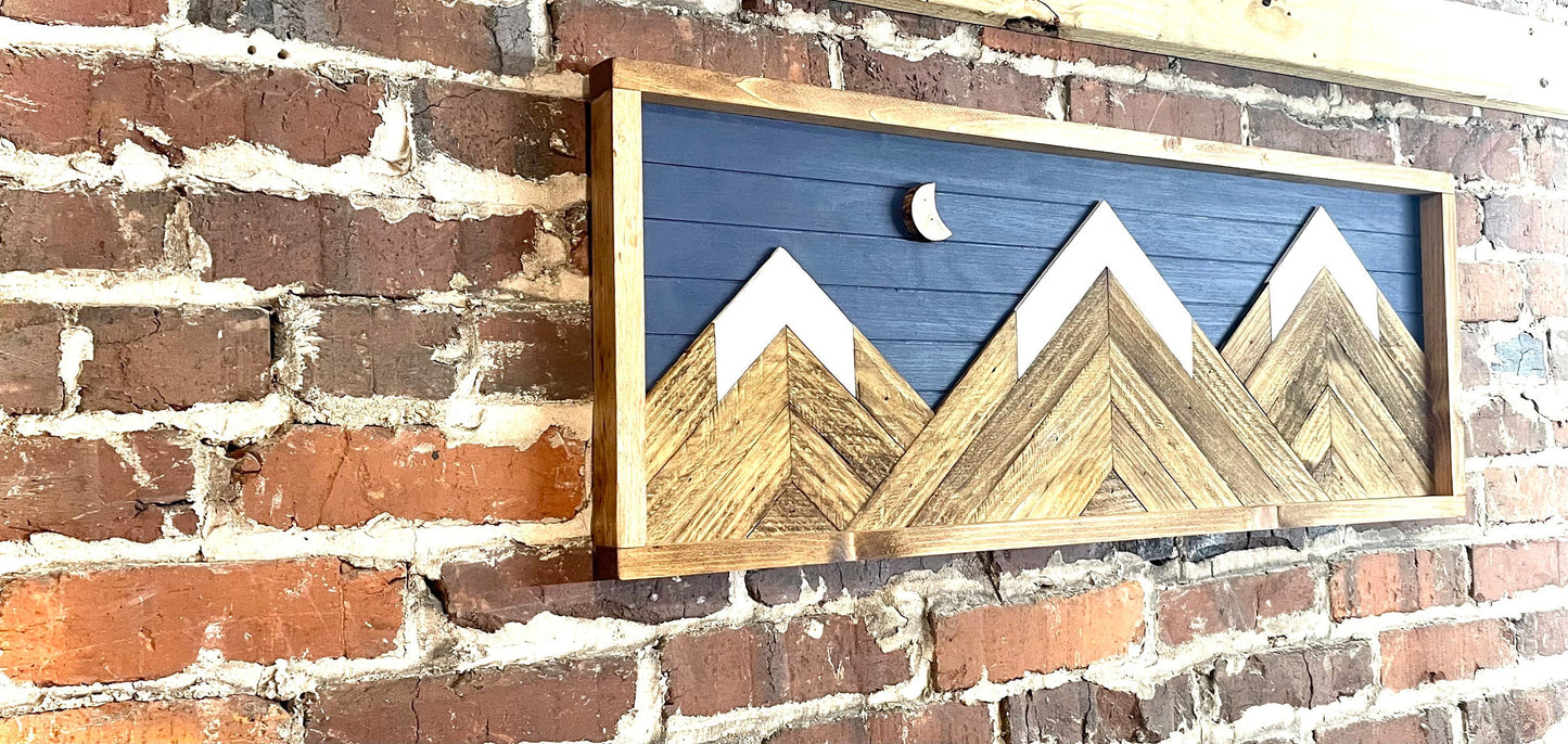 Rustic Navy Background w/ Moon - Rustic Mountain Wood Wall Art-Wall Decor- Night Sky Decor- Moon Decor- Wood Wall Art- Rustic Decor