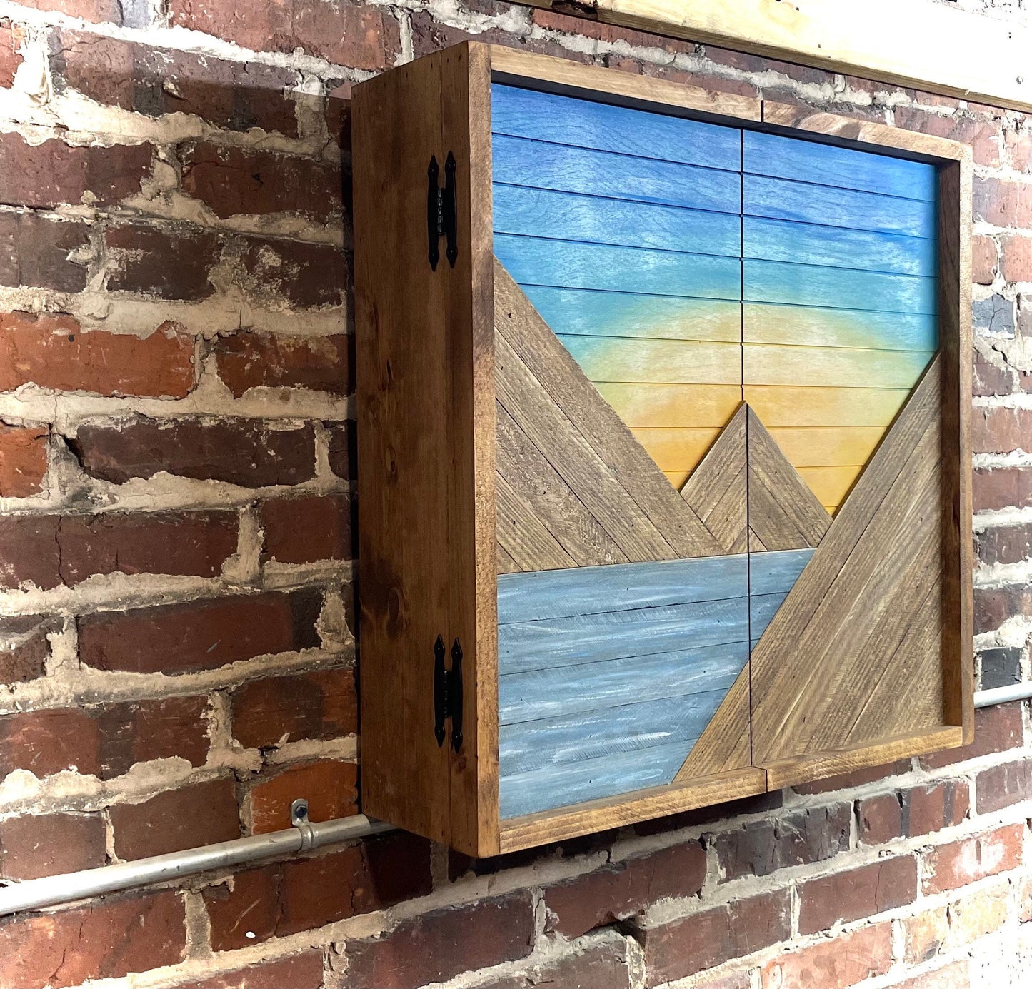 Rustic Dartboard Cabinet - Rustic Blue Sky w/ water Mountain Art 24”x24” - Rustic Cabinet - Game Room / Man Cave Art - Wall Decor - Cabinet