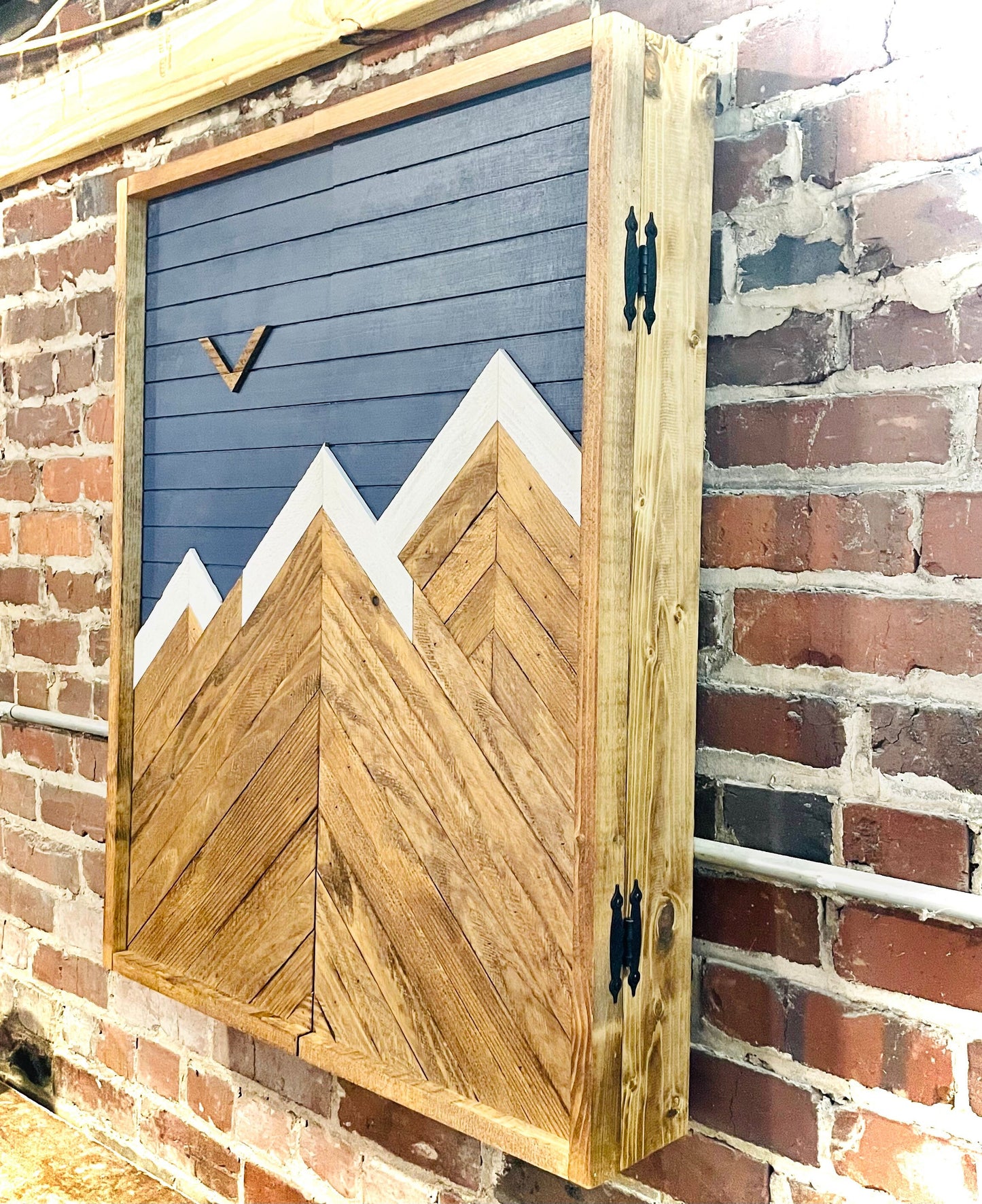 Rustic Navy Moon Electronic Dartboard Cabinet - Rustic Navy Moon Mountain Art 33”x26” - -Rustic Cabinet - Game Room / Man Cave Art