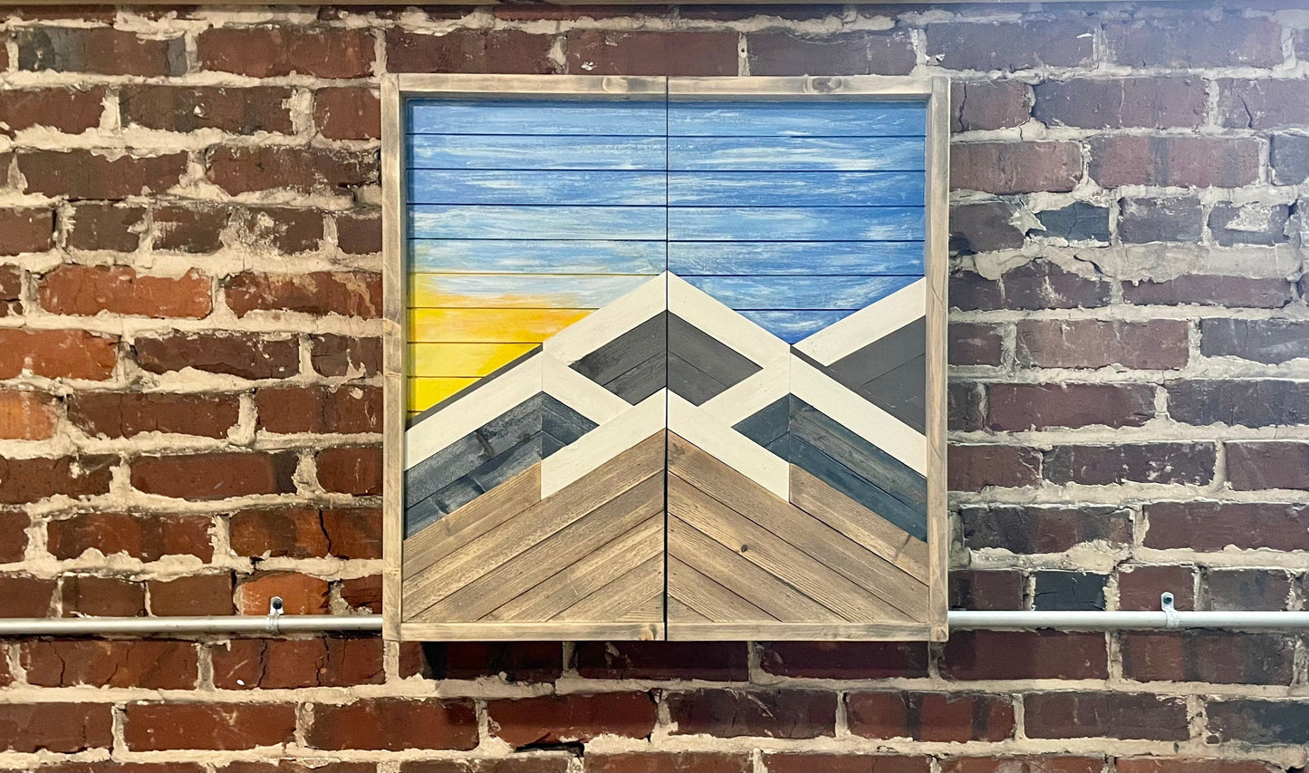 Rustic Dartboard Cabinet - Blonde Layered Mountain Sunset - Rustic Cabinet - 24”x24” - Game Room / Man Cave Art - Wall Decor