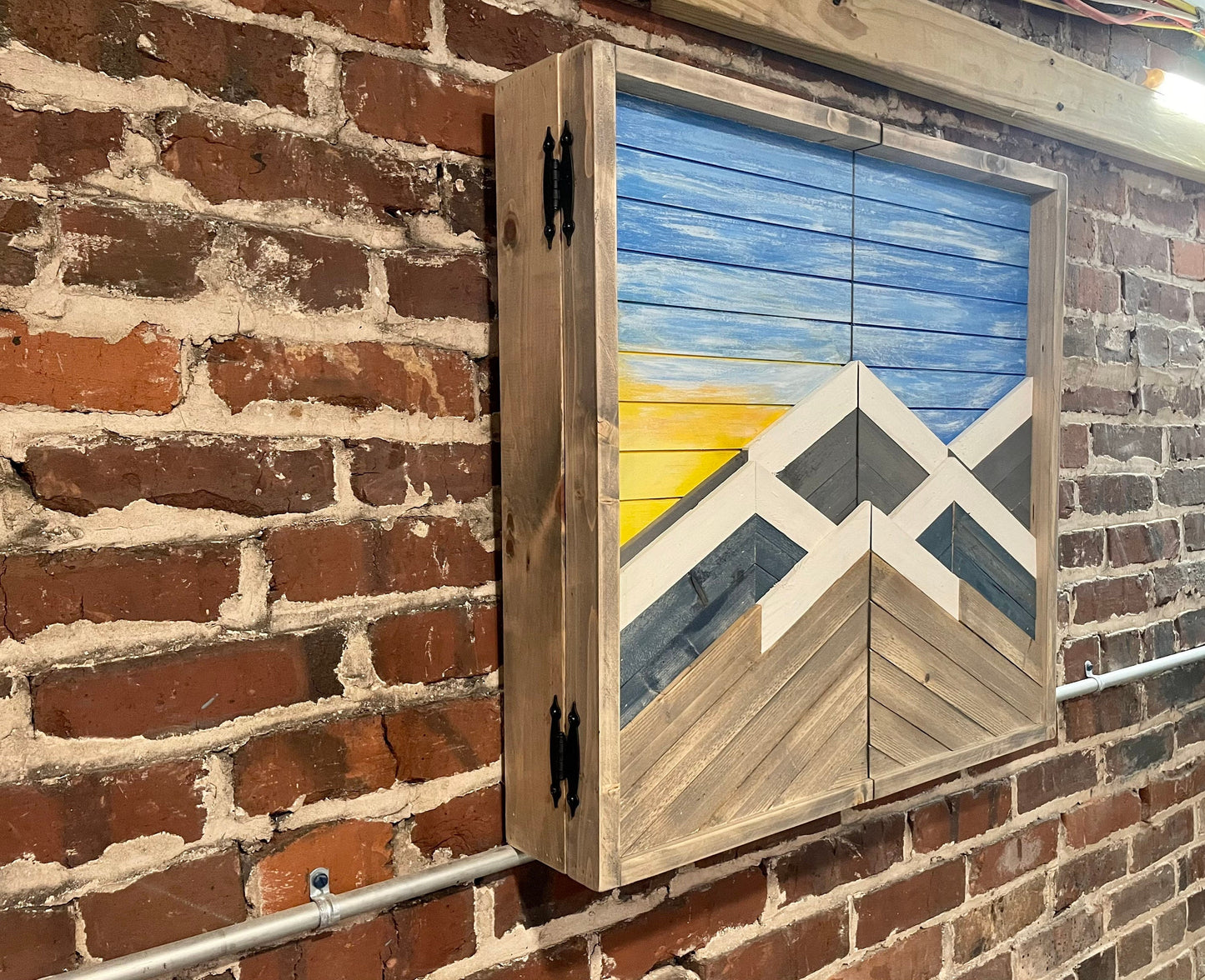 Rustic Dartboard Cabinet - Blonde Layered Mountain Sunset - Rustic Cabinet - 24”x24” - Game Room / Man Cave Art - Wall Decor