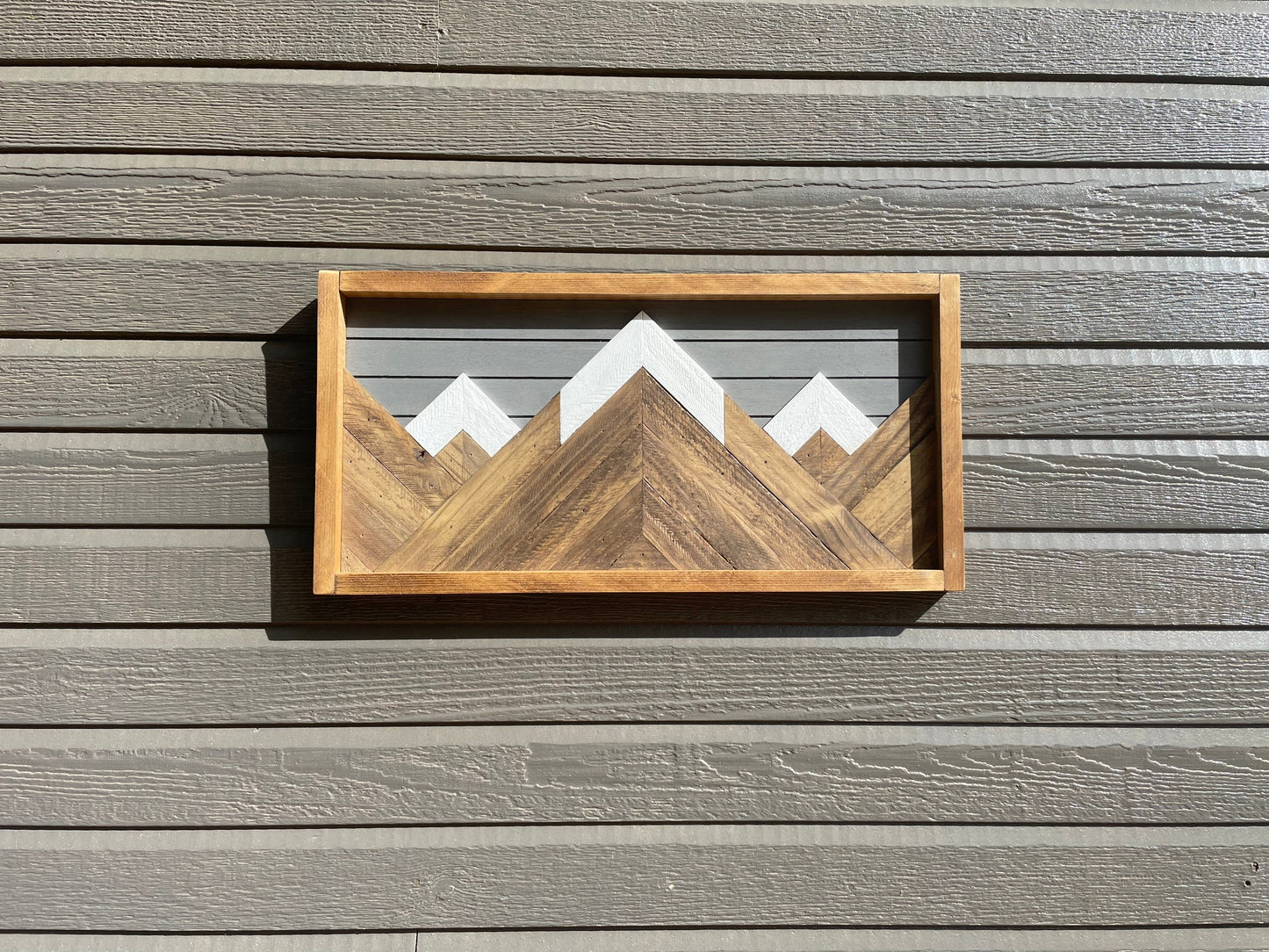 Rustic Wood Art- Wall Decor- Gray Background - 12" X 24" - Rustic Mountain Tops - Mountain Wood wall art - Handmade Wood Wall Art