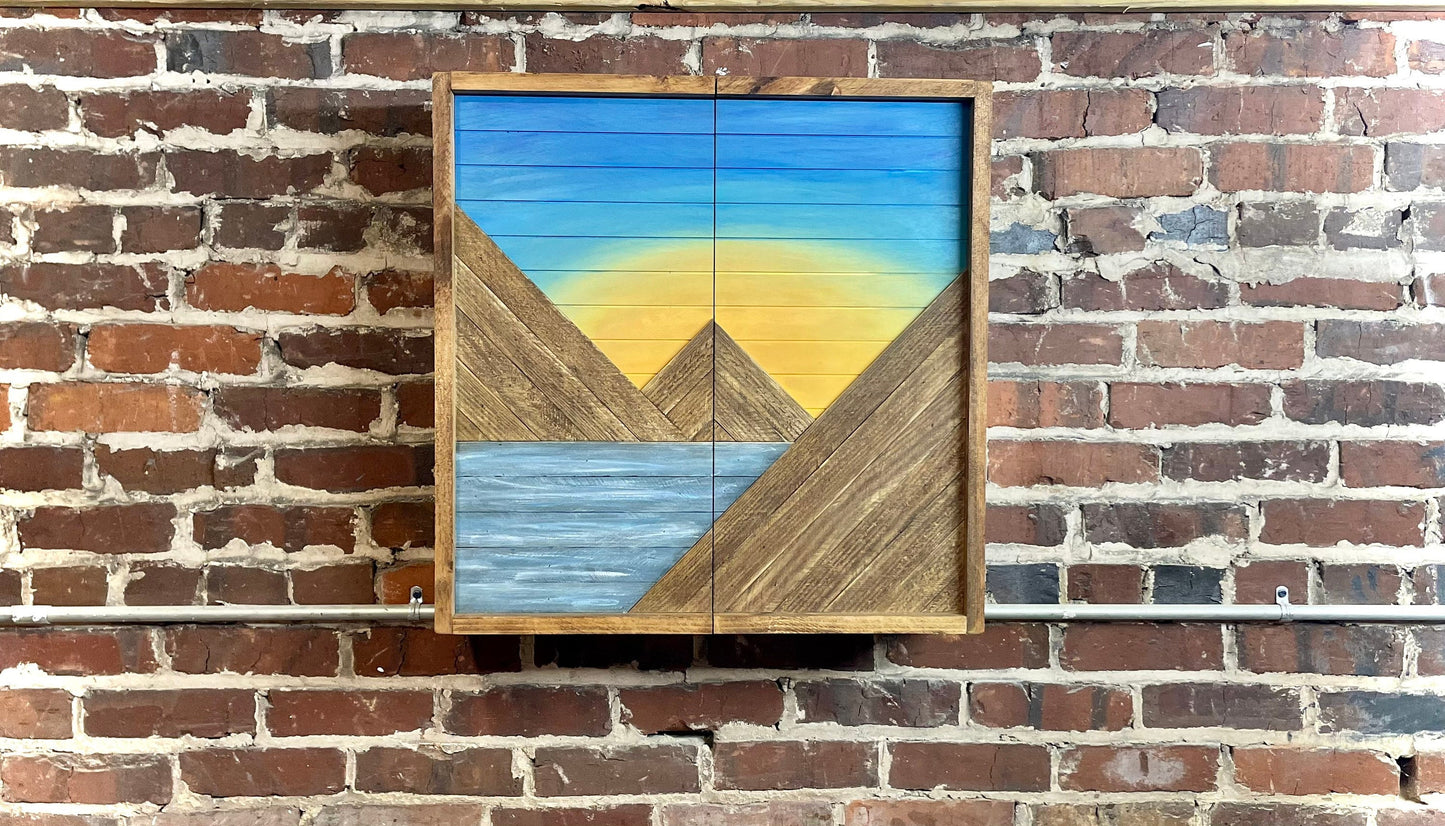 Rustic Dartboard Cabinet - Rustic Blue Sky w/ water Mountain Art 24”x24” - Rustic Cabinet - Game Room / Man Cave Art - Wall Decor - Cabinet