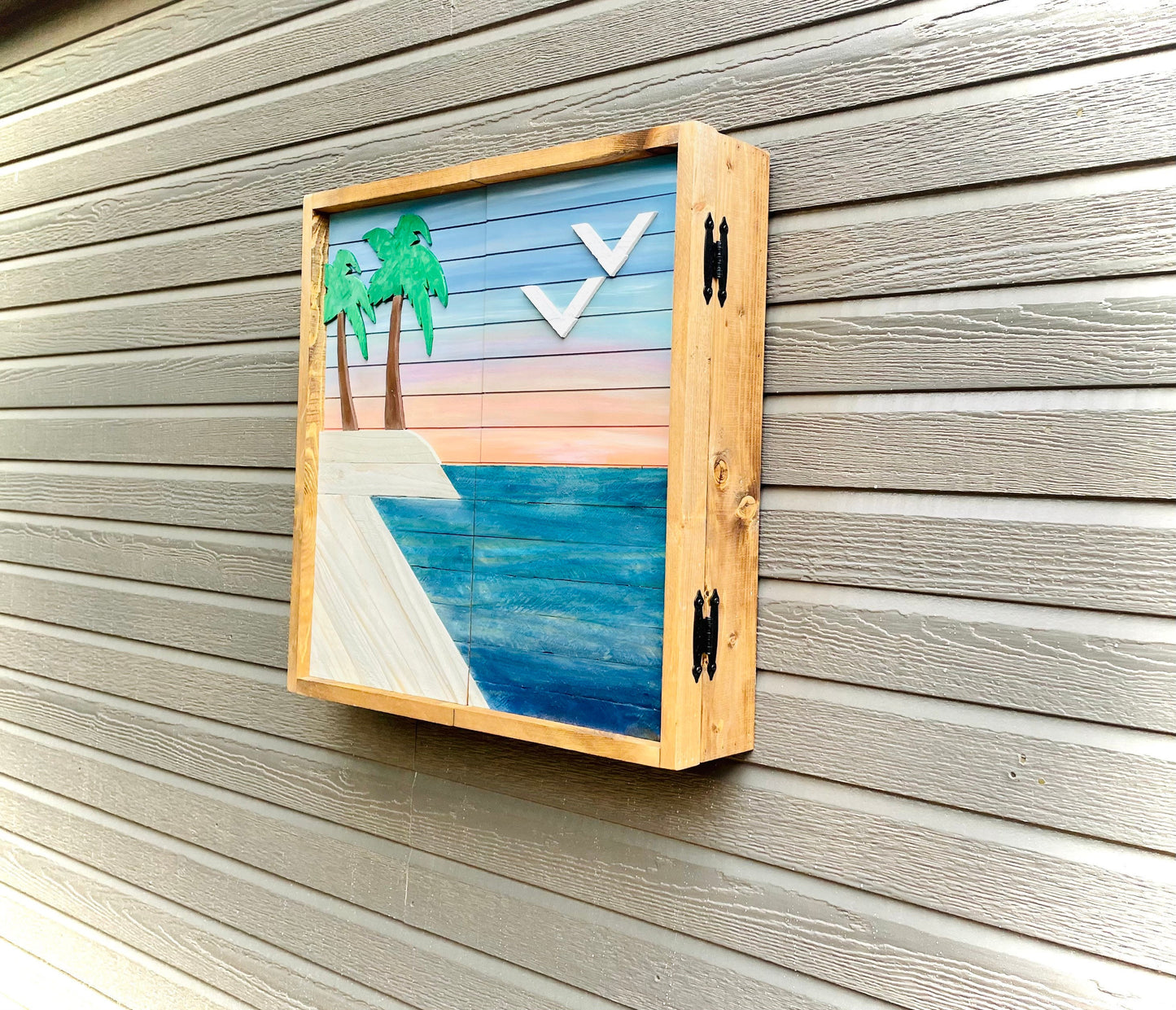 Rustic Dartboard Cabinet 24”x24” - Rustic Beach Front-Rustic Cabinet - Gameroom Art - Wall Decor - Rustic Artwork- Beach Art