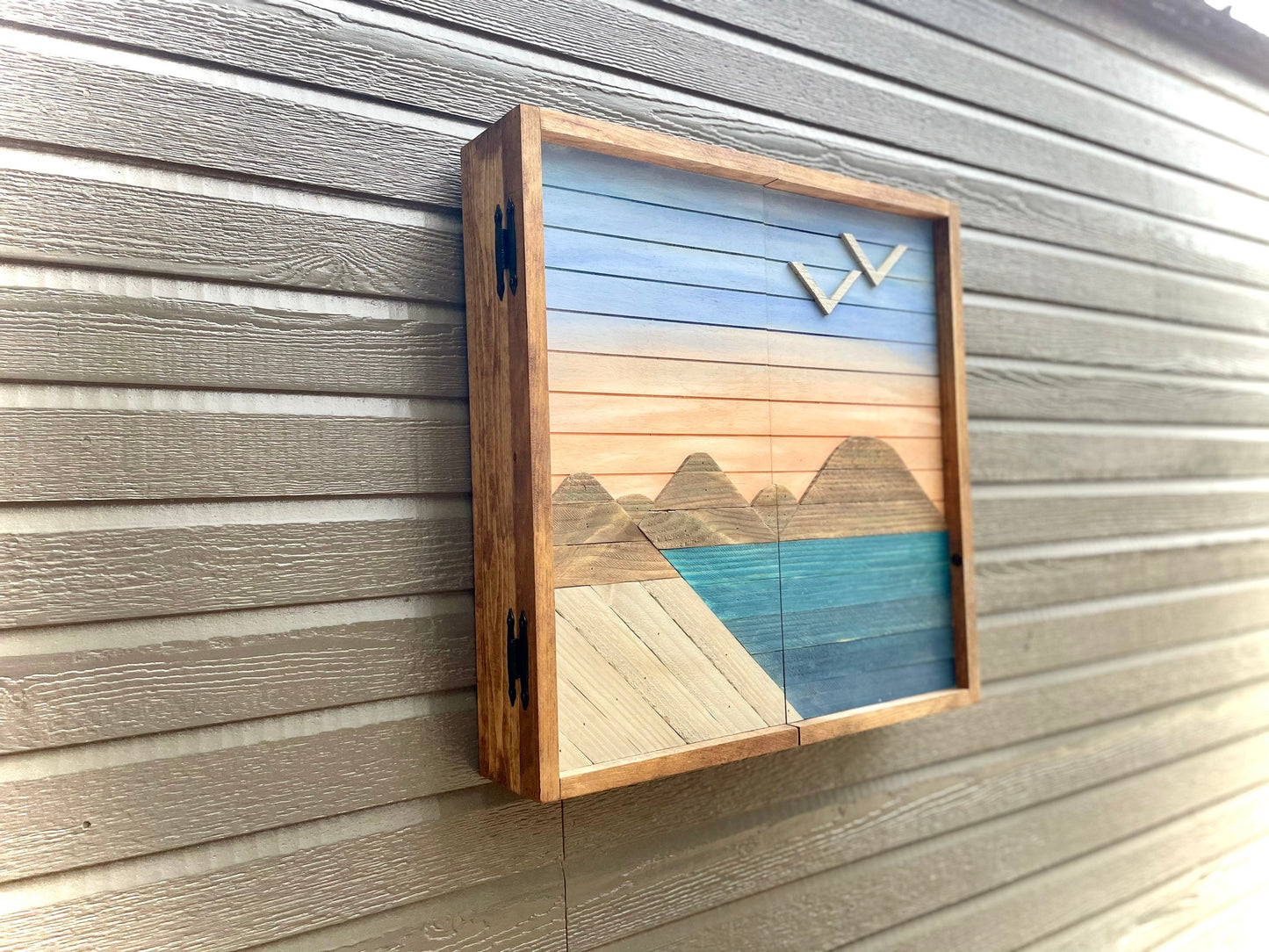 Rustic Dartboard Cabinet - Mountains Meet the Sea - Rustic Cabinet - 24”x24” - Game Room / Man Cave Art - Wall Decor