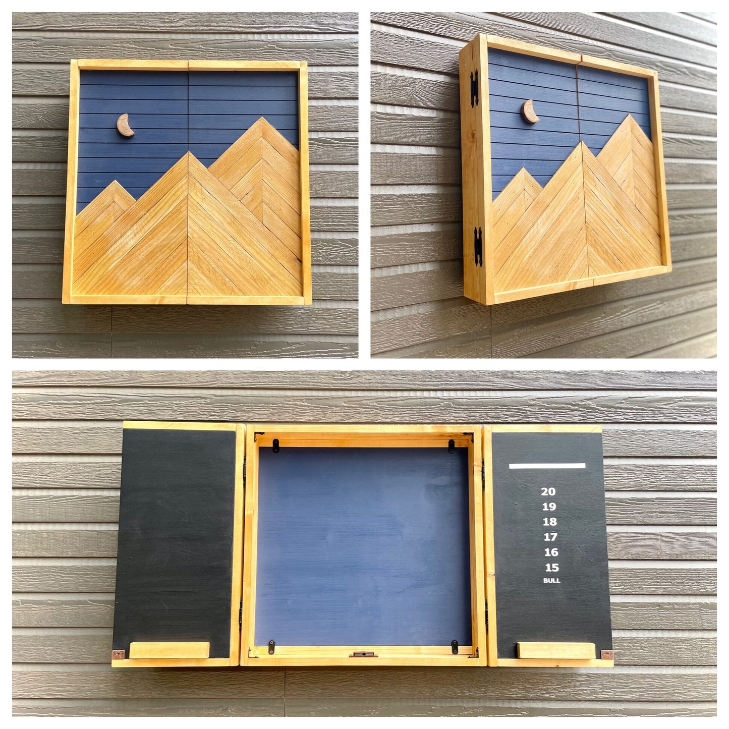 Rustic Dartboard Cabinet - Rustic Navy & Oak -Mountain Art 24”x24” - Rustic Cabinet - Game Room / Man Cave Art - Wall Decor - Cabinet