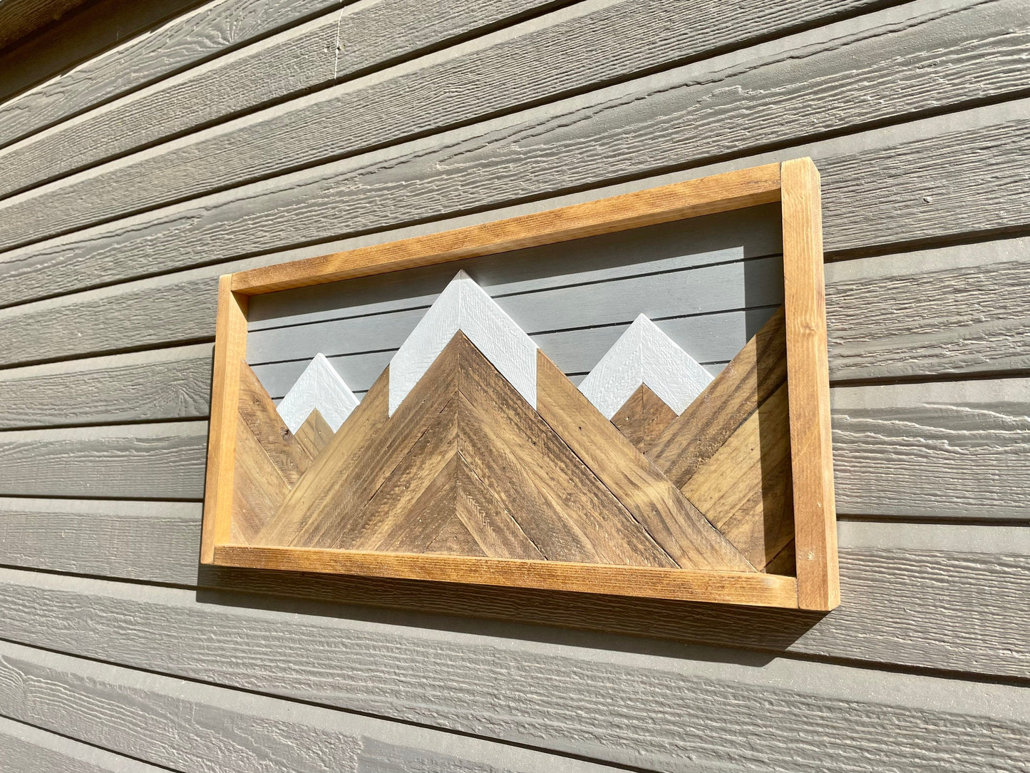 Rustic Wood Art- Wall Decor- Gray Background - 12" X 24" - Rustic Mountain Tops - Mountain Wood wall art - Handmade Wood Wall Art