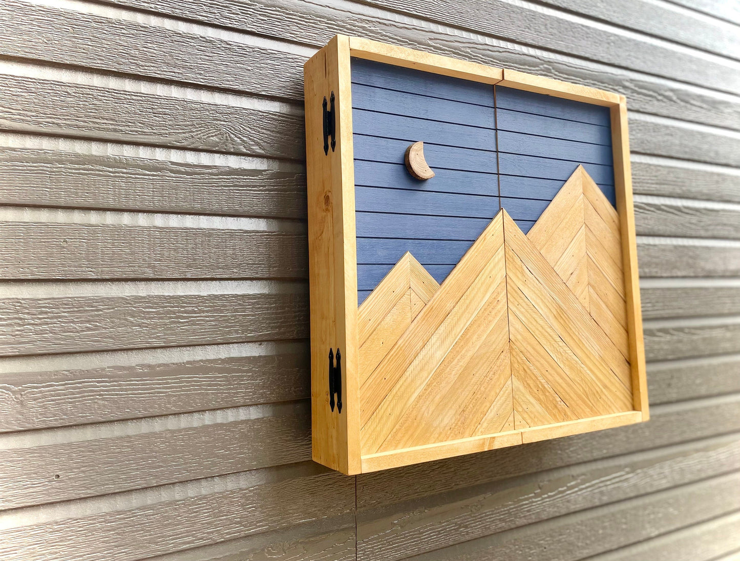 Rustic Dartboard Cabinet - Rustic Navy & Oak -Mountain Art 24”x24” - Rustic Cabinet - Game Room / Man Cave Art - Wall Decor - Cabinet