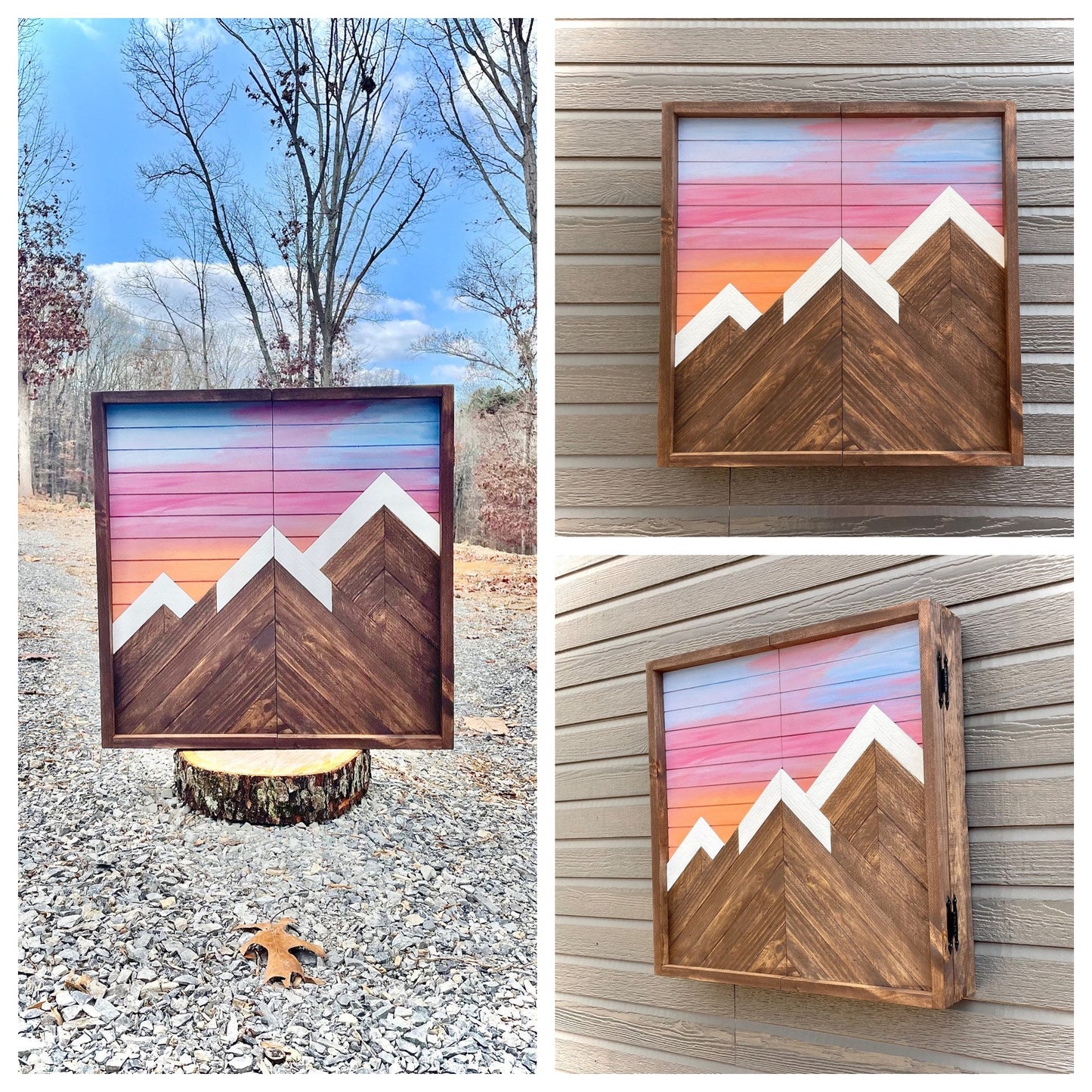 Rustic Dartboard Cabinet - Rustic Mountain Sunset Art 24”x24” - Rustic Cabinet - Game Room / Man Cave Art - Wall Decor - Cabinet