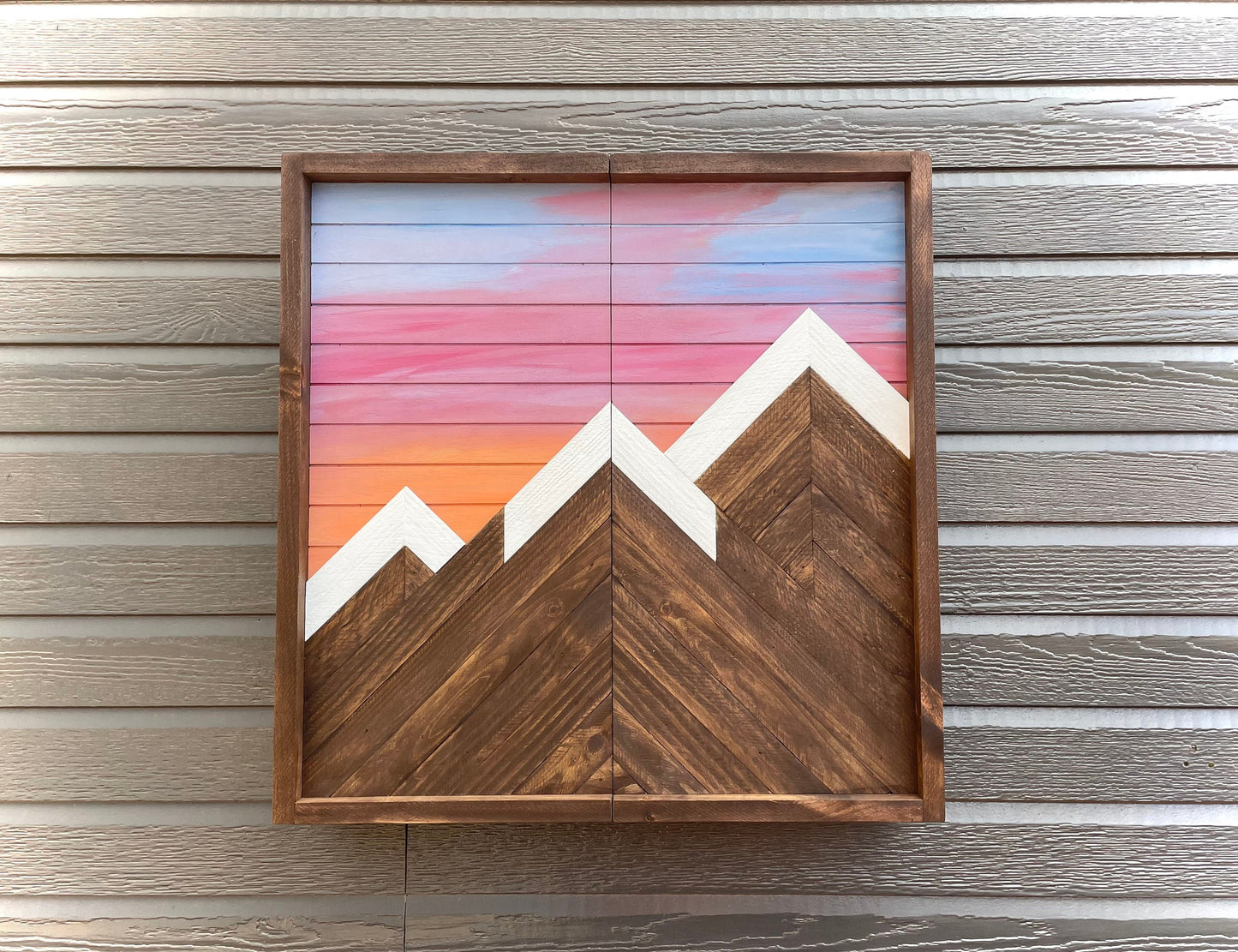 Rustic Dartboard Cabinet - Rustic Mountain Sunset Art 24”x24” - Rustic Cabinet - Game Room / Man Cave Art - Wall Decor - Cabinet