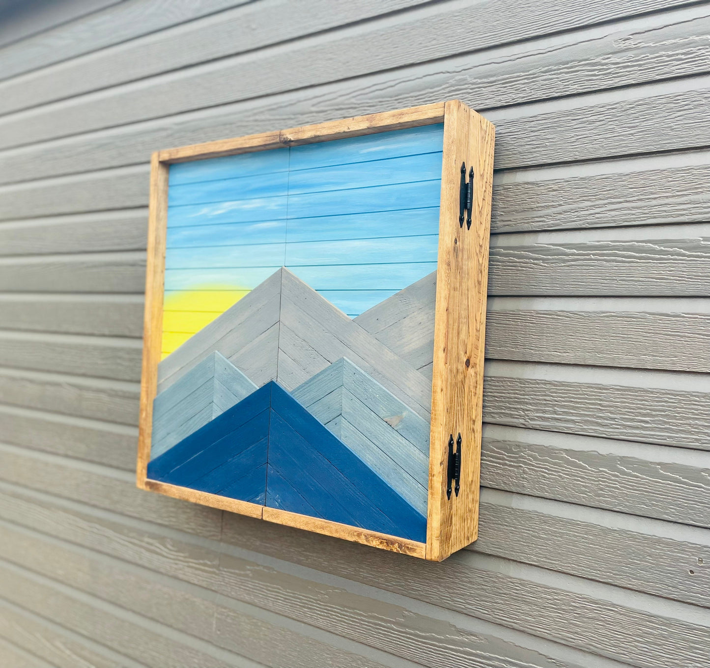 Rustic Dartboard Cabinet - Layered Mountain Sunset - Rustic Cabinet - 24”x24” - Game Room / Man Cave Art - Wall Decor