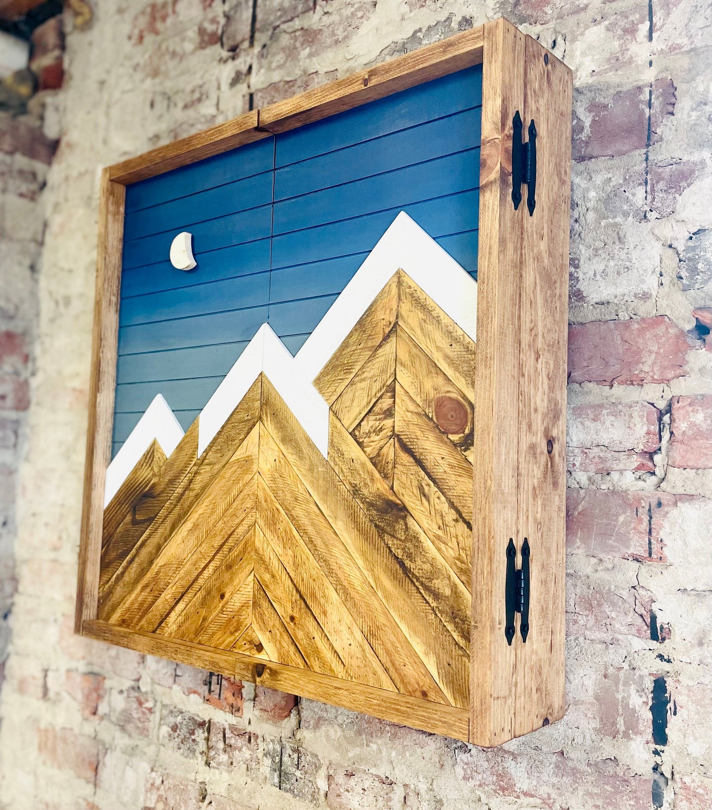Rustic Dartboard Cabinet - Rustic Blue Shade w/Moon Mountain Art 24”x24” - Rustic Cabinet - Game Room / Man Cave Art - Wall Decor - Cabinet