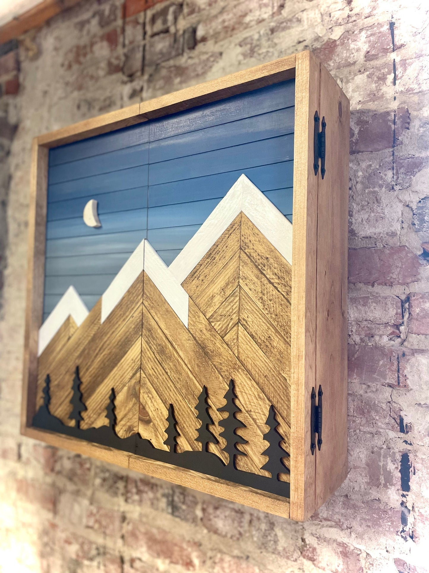Rustic Dartboard Cabinet - Rustic Blue Sky w/ Trees Mountain Art 24”x24” - Rustic Cabinet - Game Room / Man Cave Art - Wall Decor - Cabinet