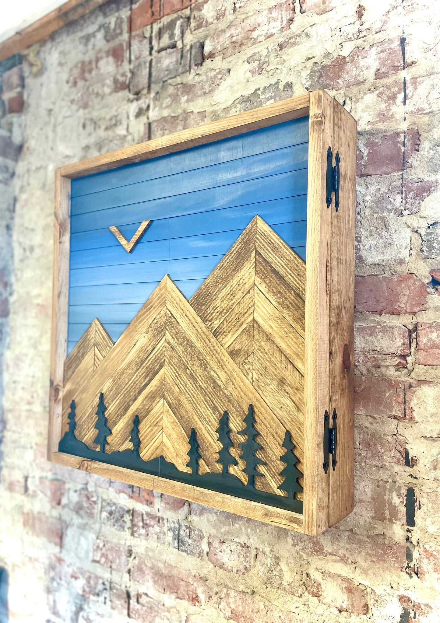 Rustic Dartboard Cabinet - Rustic Blue Sky w/ Trees Mountain Art 26”x26” - Rustic Cabinet - Game Room / Man Cave Art - Wall Decor - Cabinet