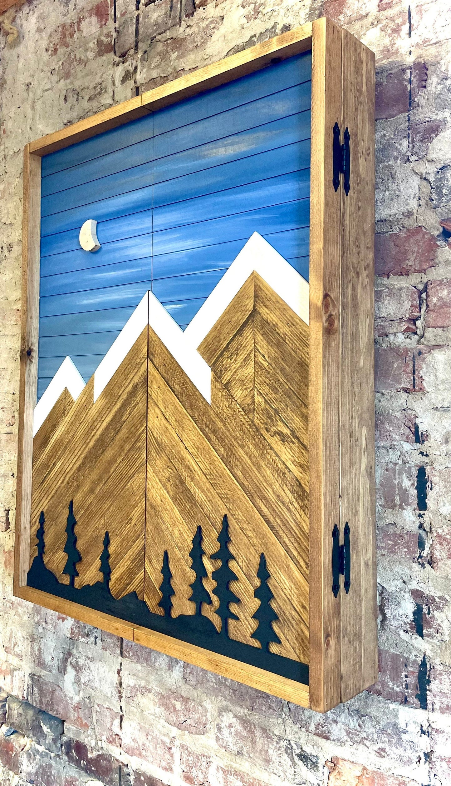 Rustic Electronic Dartboard Cabinet - Rustic Blue Sky w/ Trees Mountain Art 33”x26” - Rustic Cabinet - Game Room / Man Cave Art -Wall Decor