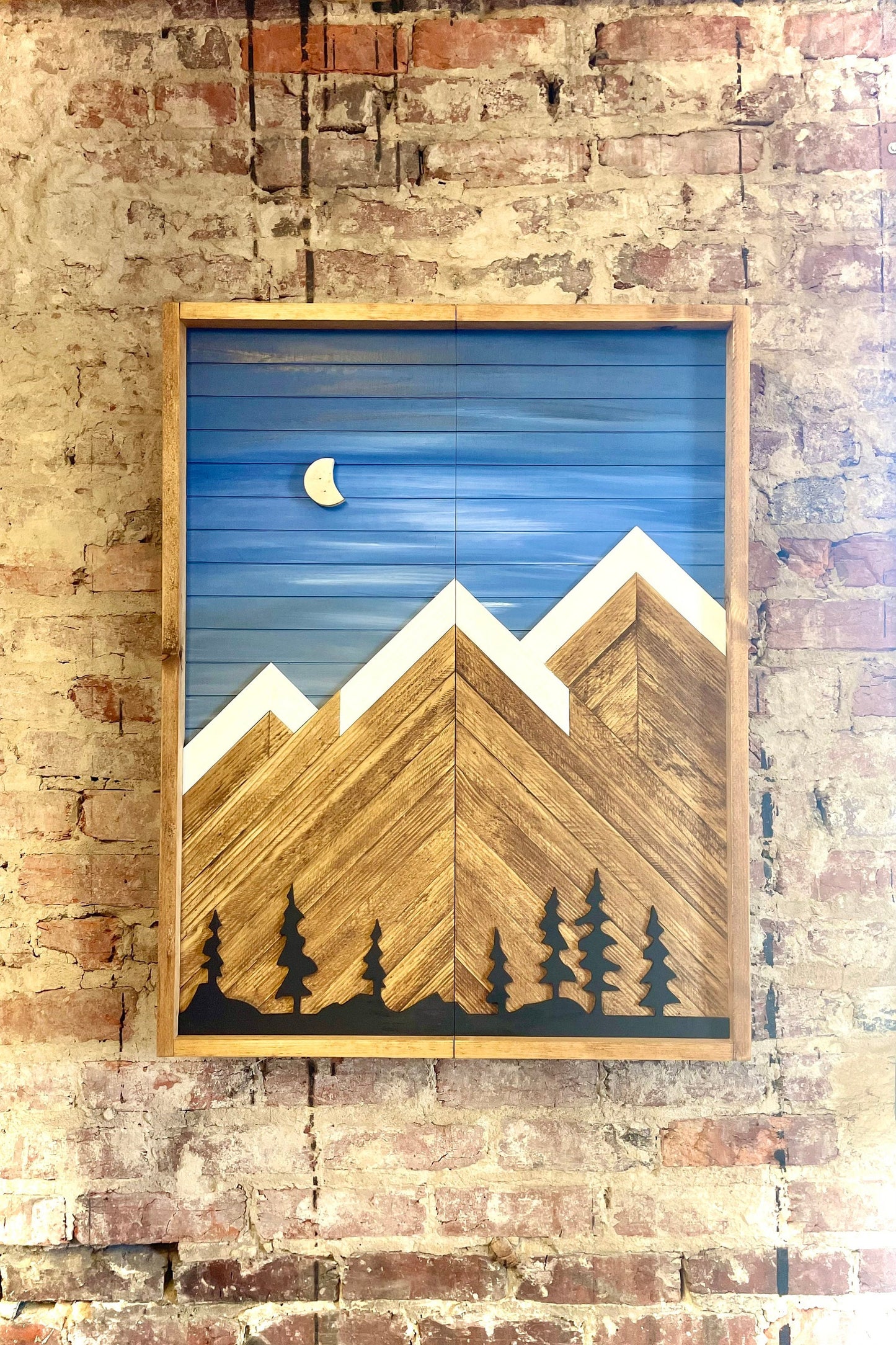 Rustic Electronic Dartboard Cabinet - Rustic Blue Sky w/ Trees Mountain Art 33”x26” - Rustic Cabinet - Game Room / Man Cave Art -Wall Decor